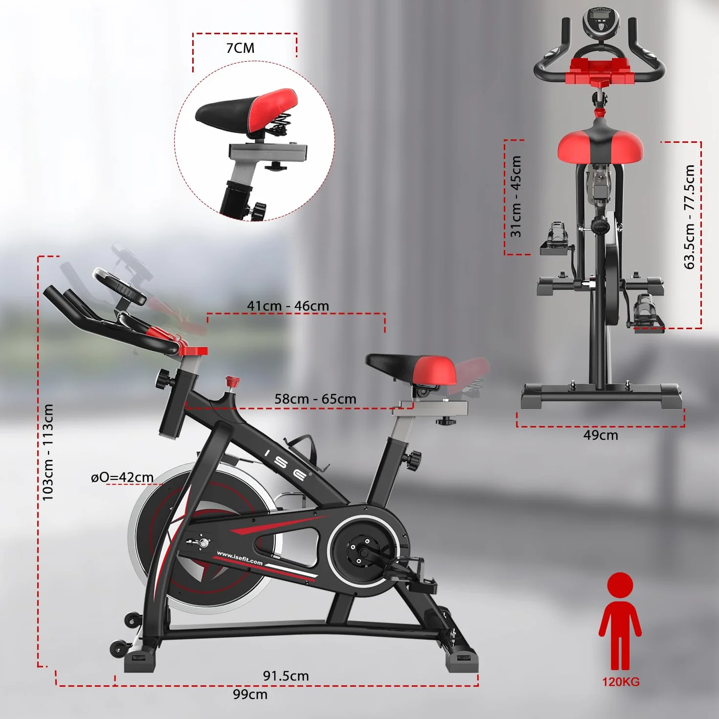 ISE Bicicleta Estática Indoor, Volante de Inercia 9KG, Bici Estatica Ajustable Resistencia, Bicicleta Profesional con Pantalla,Soporte, Sillín y Asa Ajustablesa, Max.120KG