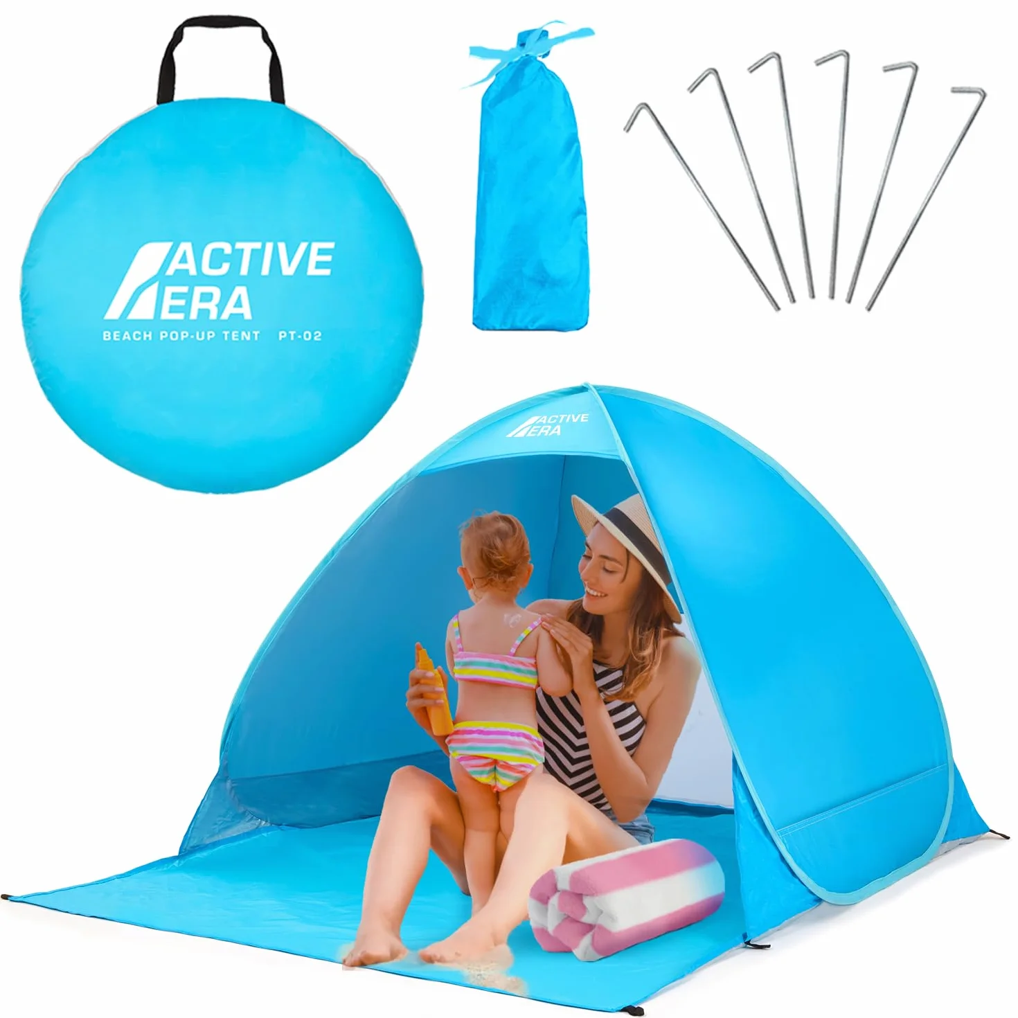 Active Era Tienda de Playa Carpa Plegable 2 Personas FPS 50+ Protección Solar UV - Incluye Bolsa de Viaje & Piquetas para Tienda - Tienda Playa Bebe