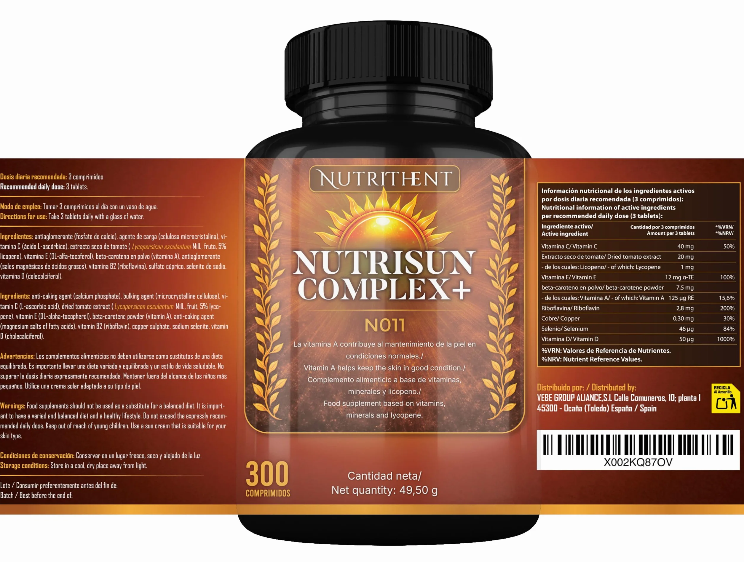300 Micro Comprimidos Acelerador Bronceado con Betacaroteno, Cobre, Selenio, Licopeno, Tomate, Vitaminas C,D,E,B