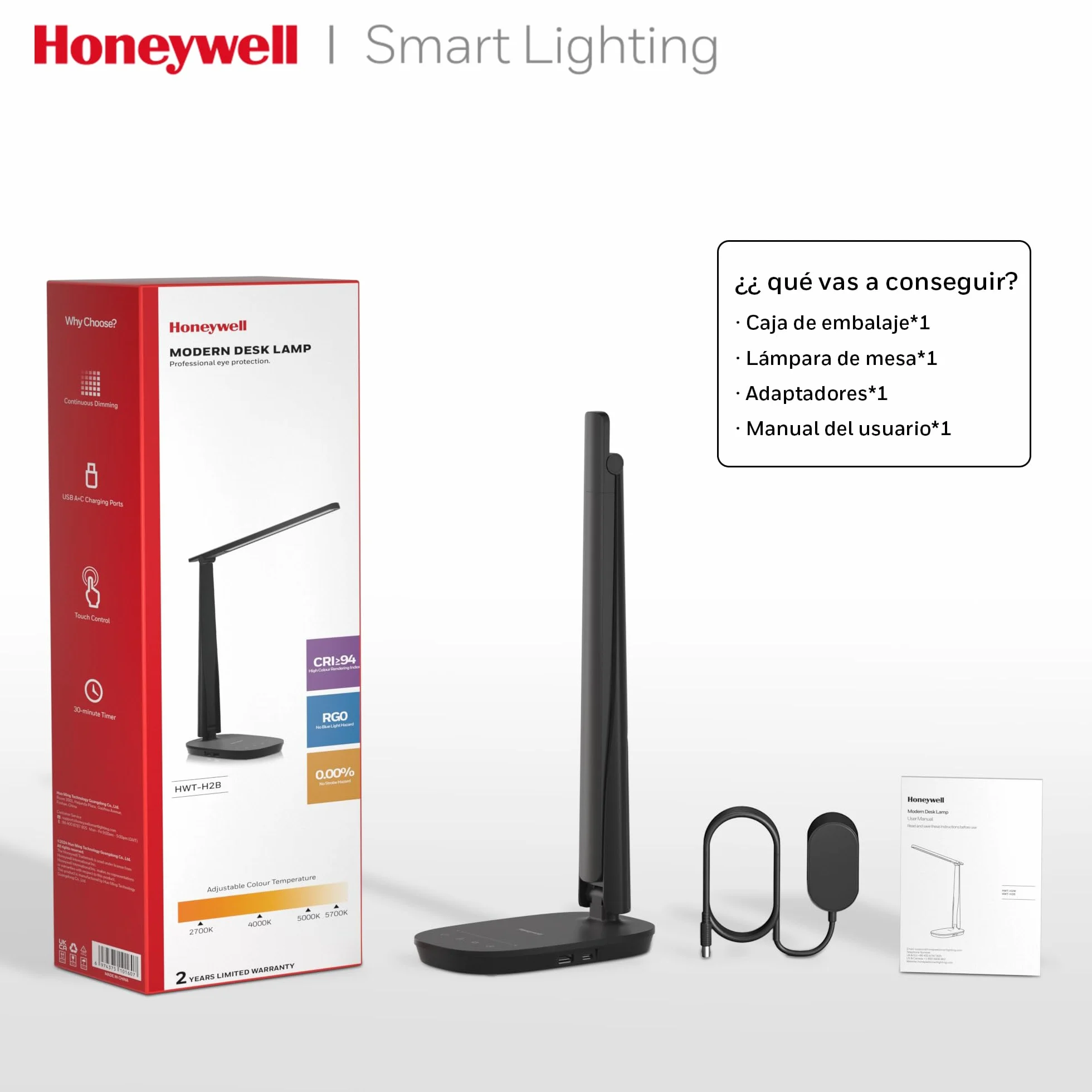Honeywell HWT-H2 Lámpara de Escritorio LED, Luz de Espectro Completo CRI94, Lámpara de Mesa Regulable con Puertos USB-A y USB-C, Control Táctil, Lámpara Plegable para Oficina, Lectura y Estudio, Negro