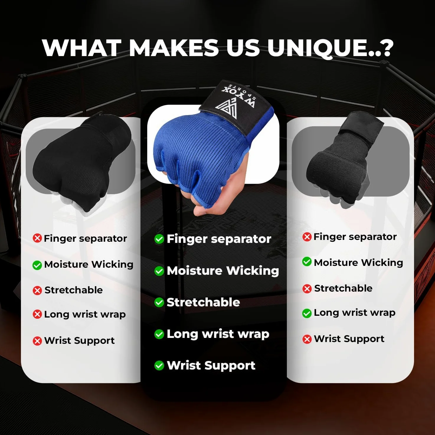 WYOX Guantes interiores de boxeo de gel para hombres y mujeres, correa de muñeca rápida de 80 cm, soporte acolchado para nudillos, sin dedos, artes marciales mixtas, Muay Thai, kickboxing, para