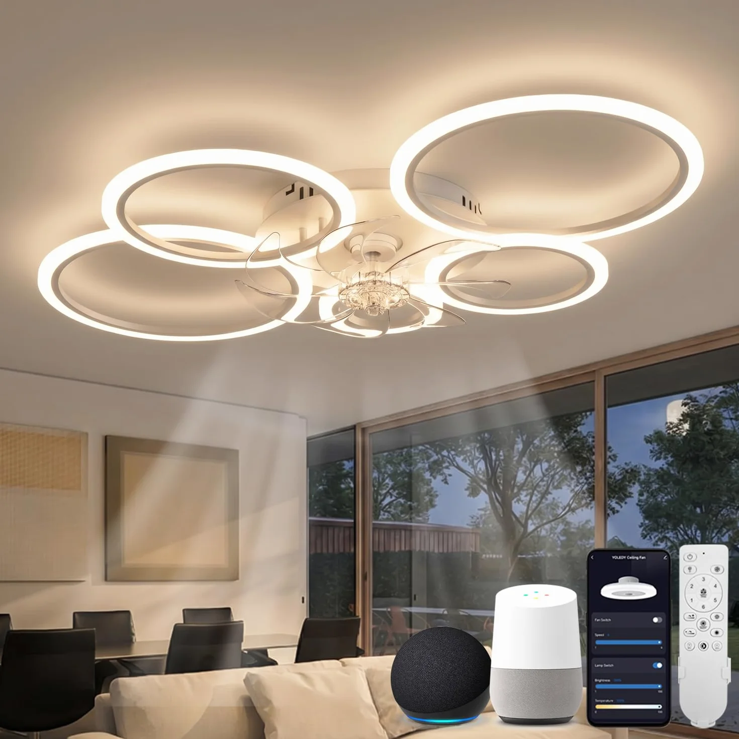 Lampara Ventilador Techo LED Compatible con Alexa, Google Assistant, Motor DC, 6 Velocidades, Silencioso