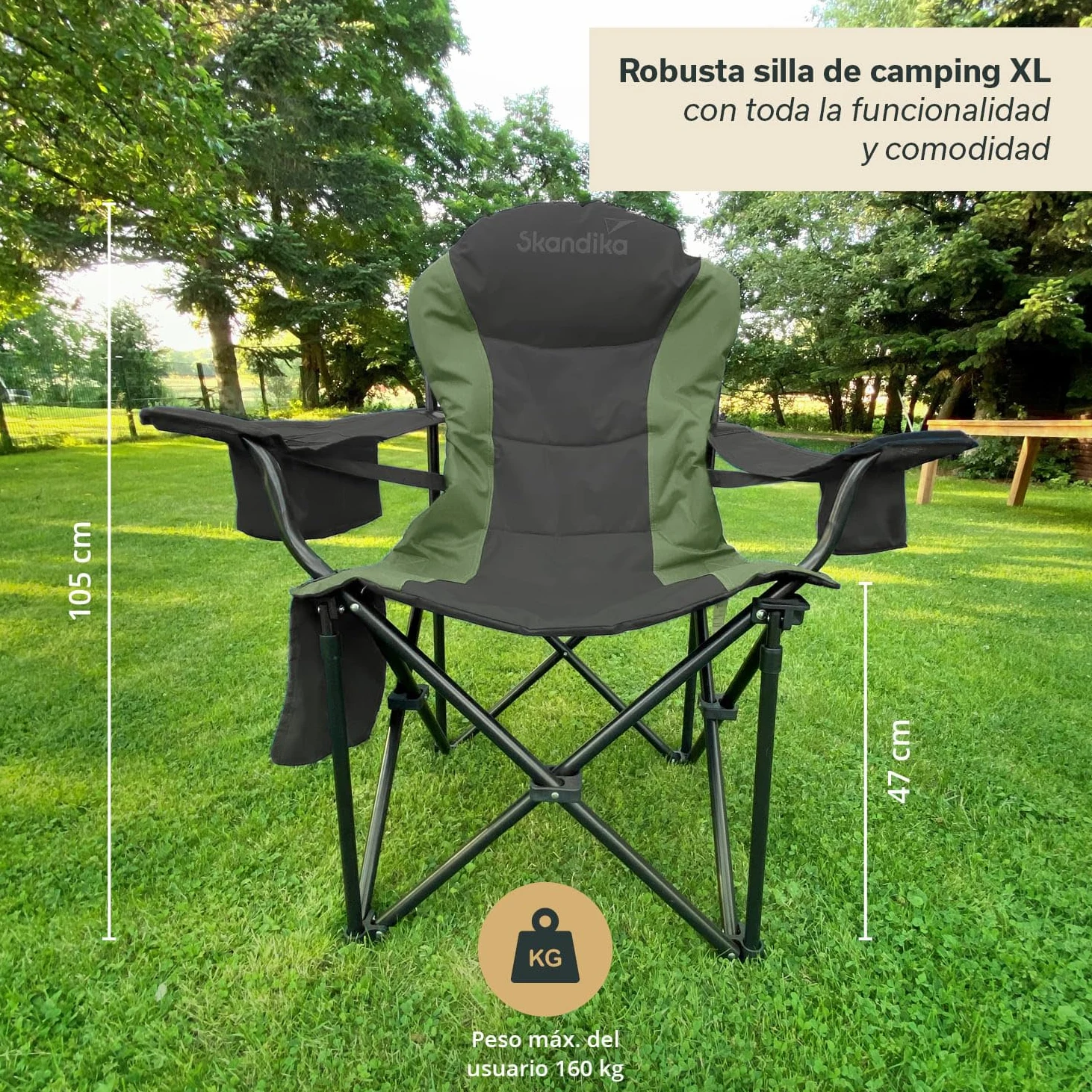 skandika Relax Comfort Silla de Camping - cómoda, Plegable y con portabebidas - máx. Peso Usuario de 150 kg - Bolsa de Transporte (Verde/Gris)