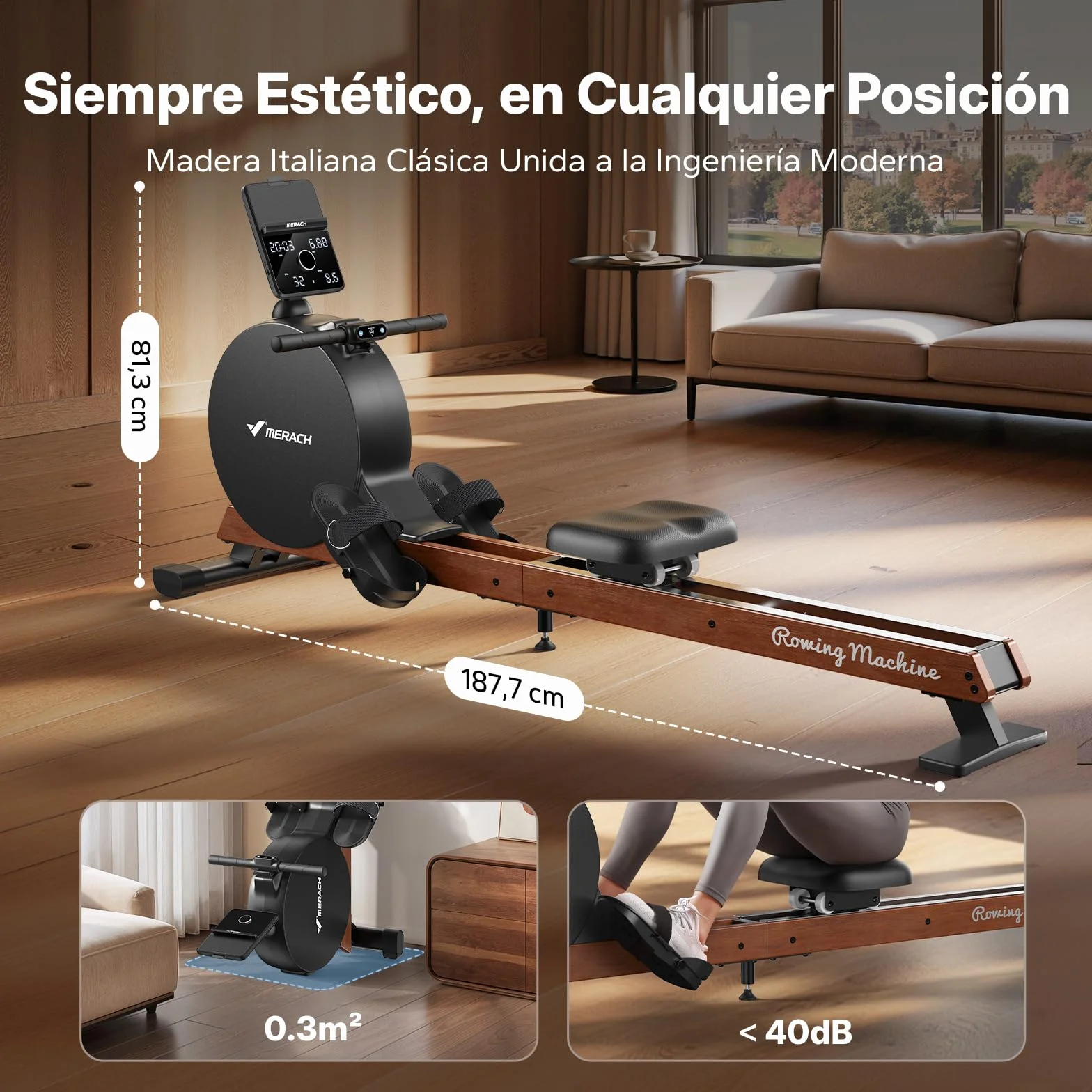 MERACH Máquina de Remo para Casa, Autogeneración, Resistencia Magnética Máxima Mejorada de 60 kg, Ajuste Automático de Resistencia, Rieles Dobles de Madera, Pantalla LED / 21,5" (R7) (LED (Q3))