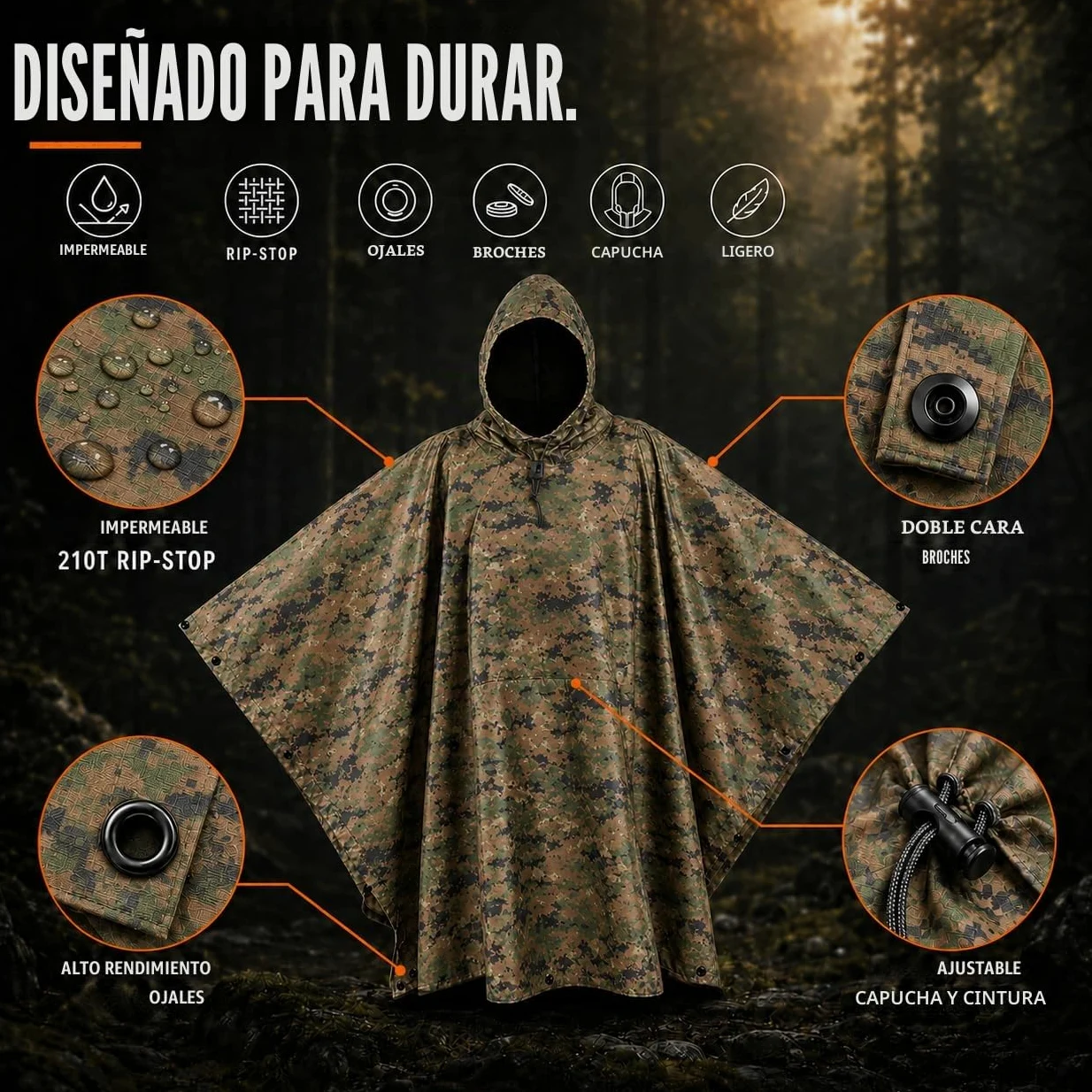 USGI Industries - Poncho de estilo militar multiusos, material ripstop (antidesgarro), de camuflaje, para lluvia