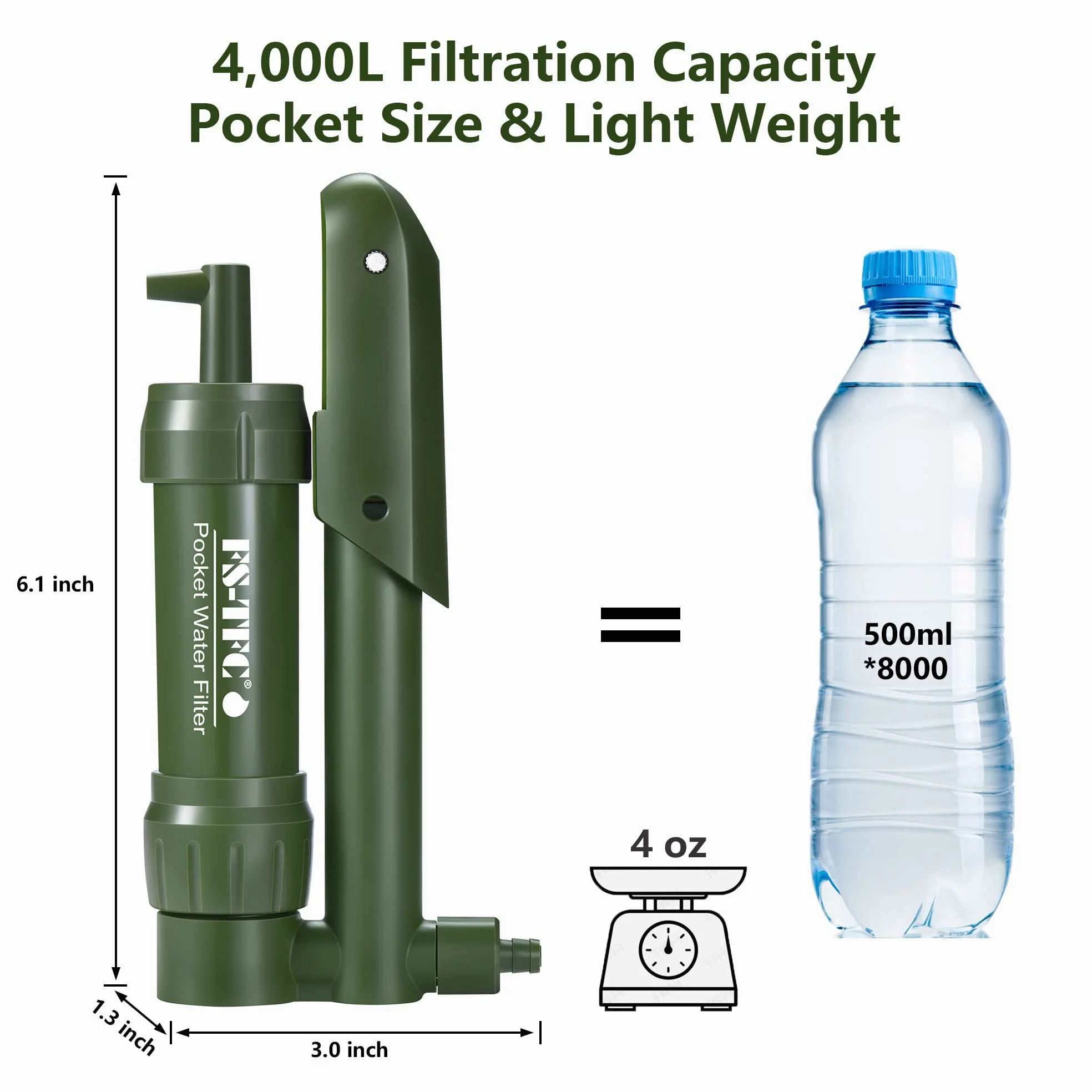 Filtro de agua de bolsillo, bomba de mano, purificador de agua portátil, equipo de supervivencia de emergencia para beber, mochileros, senderismo, camping, filtración al aire libre