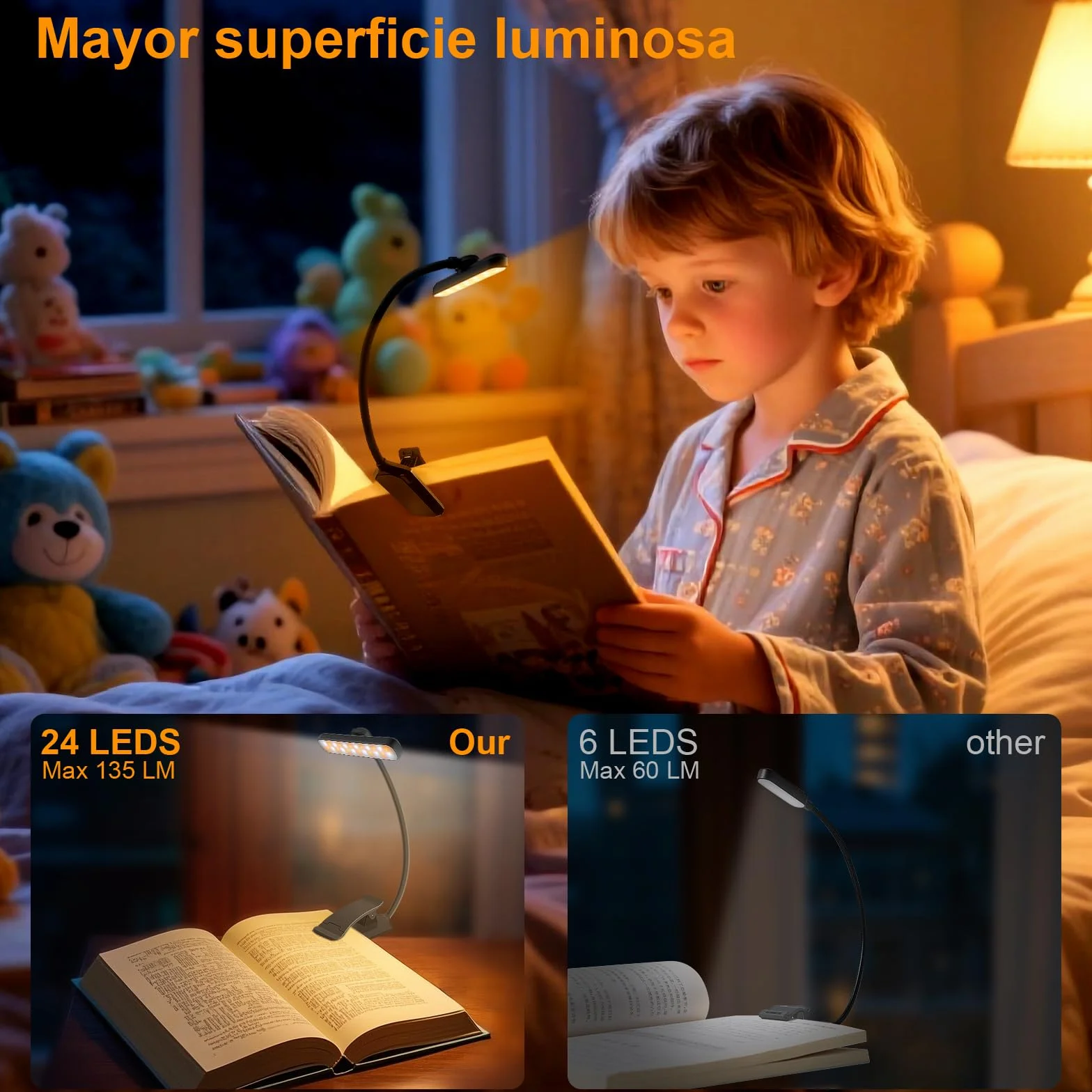 Karidi 24 LED Luz de Lectura Recargable 360°, USB-C, Pinza para Libros, 80H Cuidado Ocular, Negro