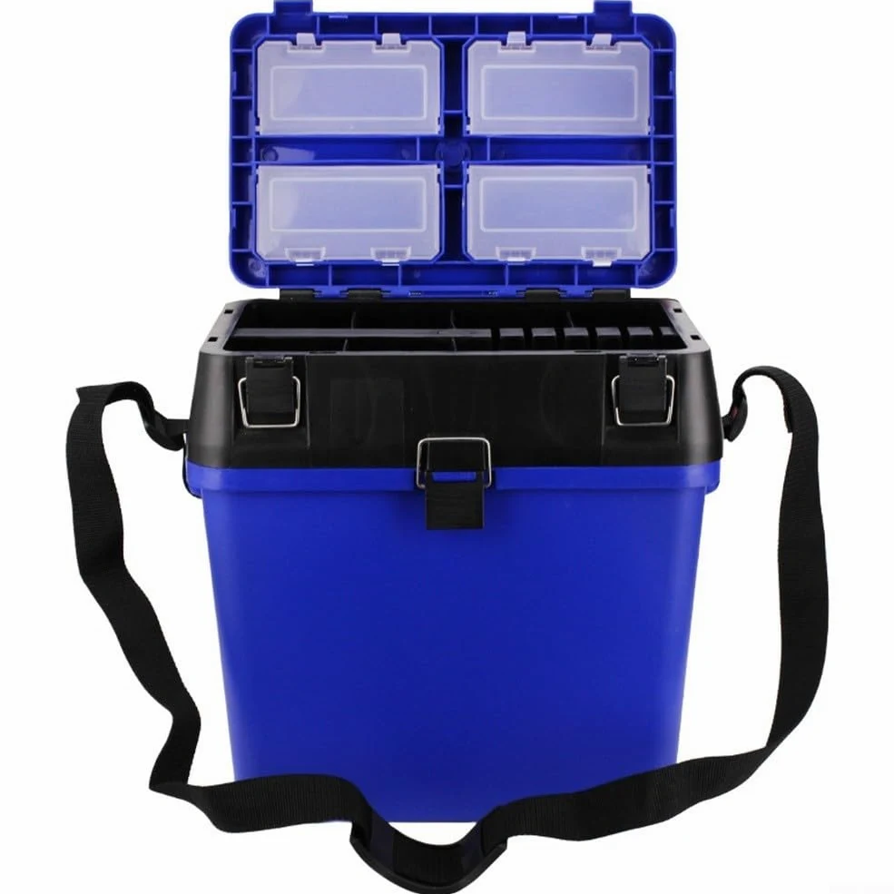 Caja de aparejos de pesca con correas ergonómicas, asiento desmontable, interior modular y sistema de hebilla superior segura (azul)