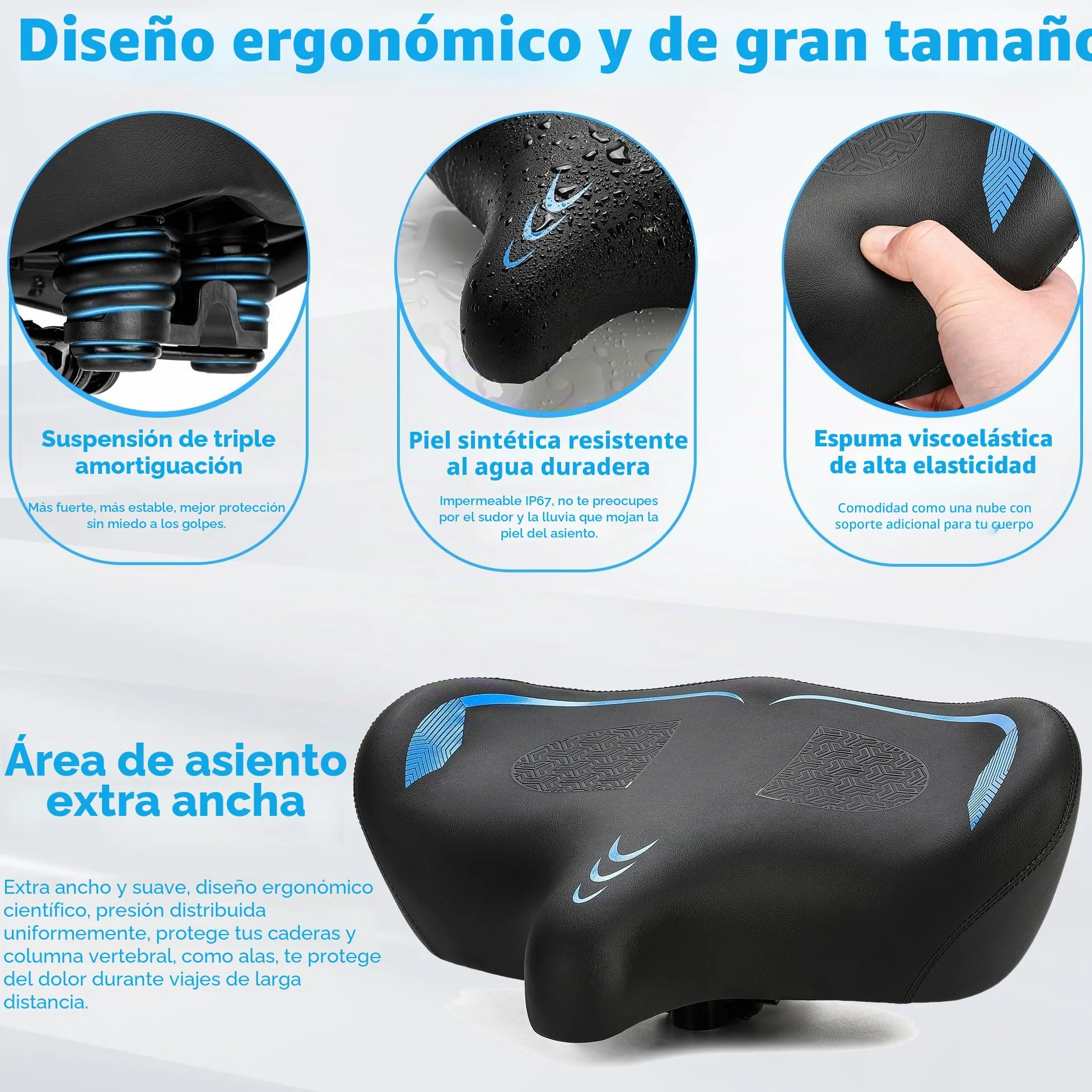 CDYWD Sillín de bicicleta de gran tamaño para hombre y mujer, cómodo, extra ancho, acolchado de espuma suave, bicicleta estática, sillín de turismo