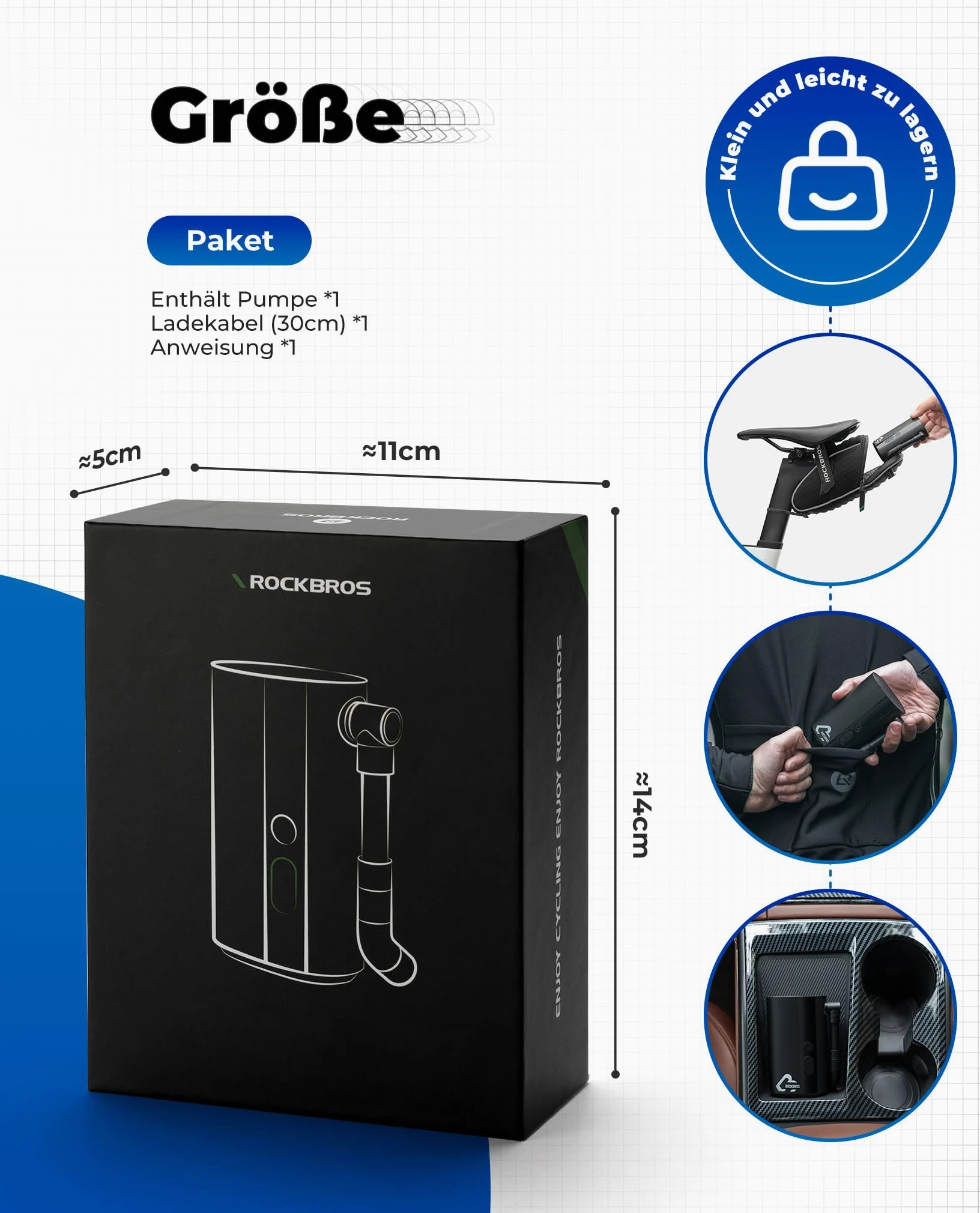 ROCKBROS Mini Bomba Eléctrica 150PSI Bomba de Aire Portátil con Pantalla 5000 mAh Inflador de Neumático Válvula Presta y Schrader para Bicicleta Pelotas