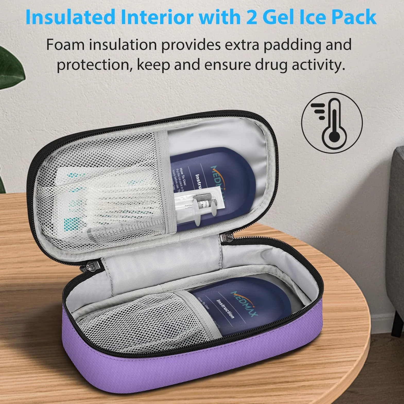 MEDMAX Enfriador Bolsa de Insulina 2 Paquetes de Hielo, Portátil Organizador de Medicamentos Aislado, Estuche para Bolígrafos de Insulina, Púrpura