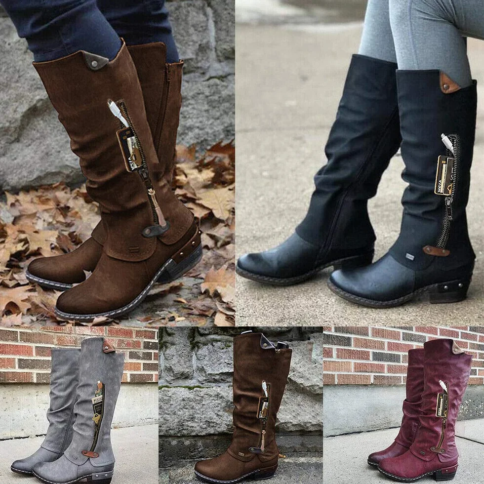 Botas de la Pantorrilla para Mujer Warm Zip Casual Talones hasta Media Pantorrilla Plana Inferior del Invierno