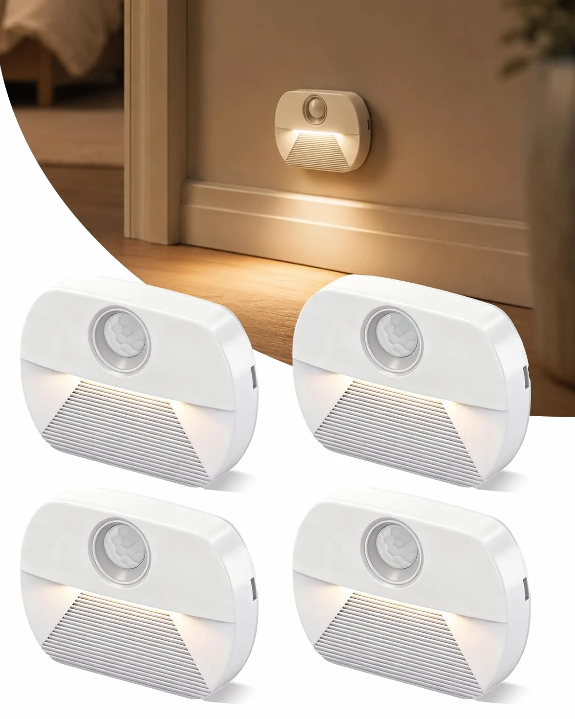 Luz nocturna LED con detector de movimiento, 4 unidades, funciona con pilas, interior para escaleras y pasillo