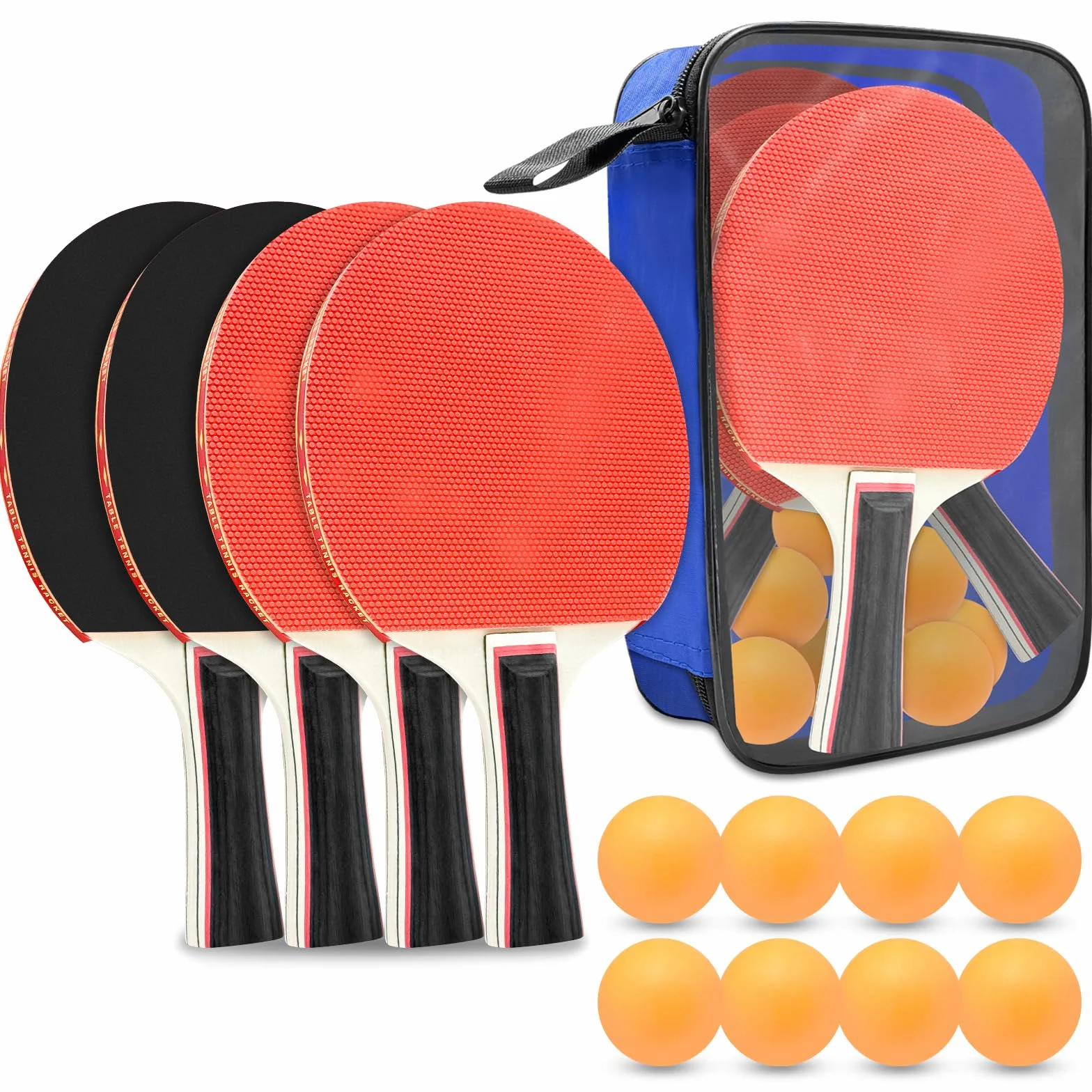 Set de Ping Pong Portátil con 4 Raquetas y 8 Pelotas, Juego de Raquetas de Tenis de Mesa de 2 Piezas