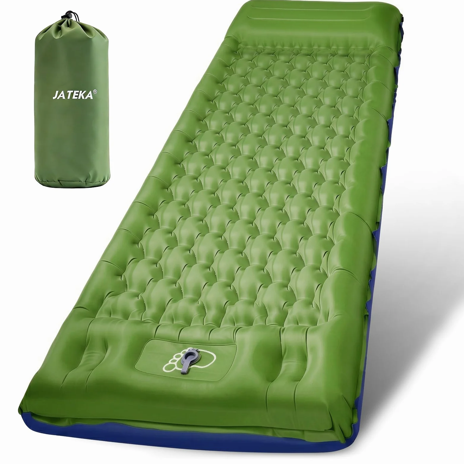 JATEKA Colchoneta Autoinflable XL para Camping, Individual con Correas, Verde y Azul, Colchón Ligero para Senderismo