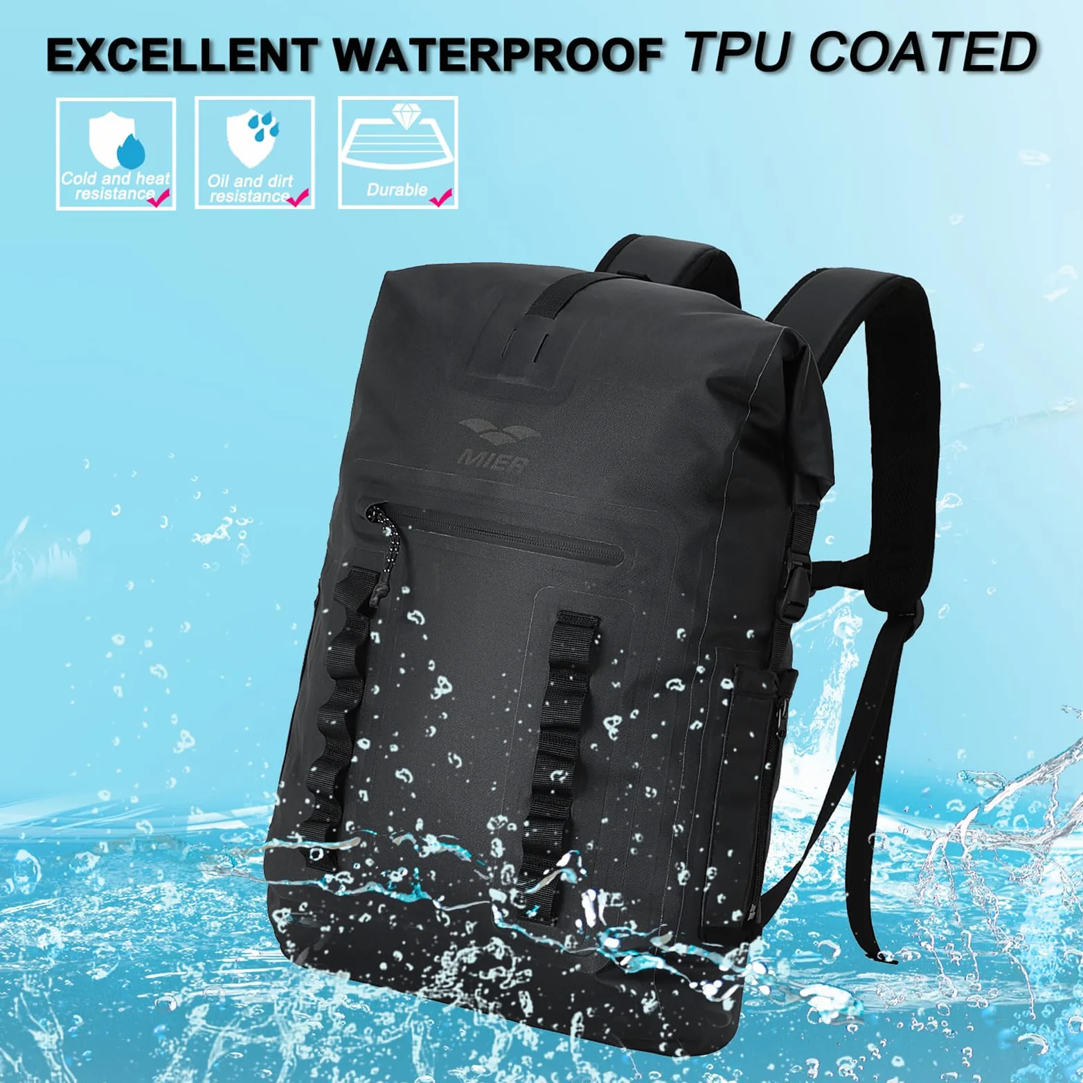MIER Mochila Impermeable Dry Bag Resistente con Cierre Enrollable para Kayak, Playa, canotaje, natación, Surf, 30 L, Black, Bolsa Seca