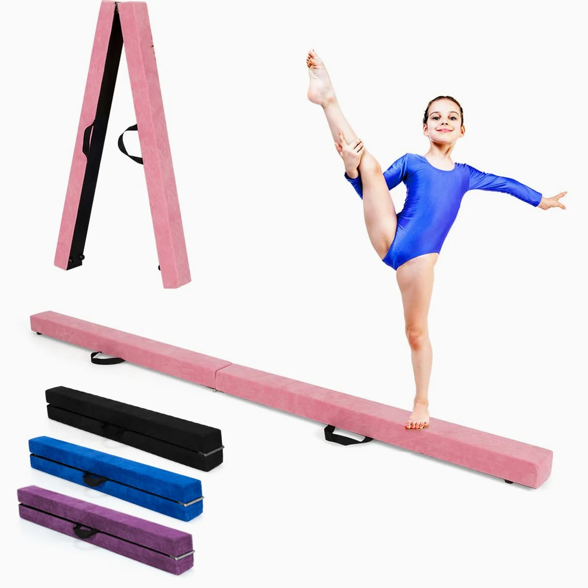 RELAX4LIFE Barra de Equilibrio Gimnasia Plegable 210 cm, Viga de Equilibrio con Patas Elevadas y Asas de Transporte, Viga de Equilibrio de EPE y Pino para Niños, 210x10x6,5cm (Rosa)