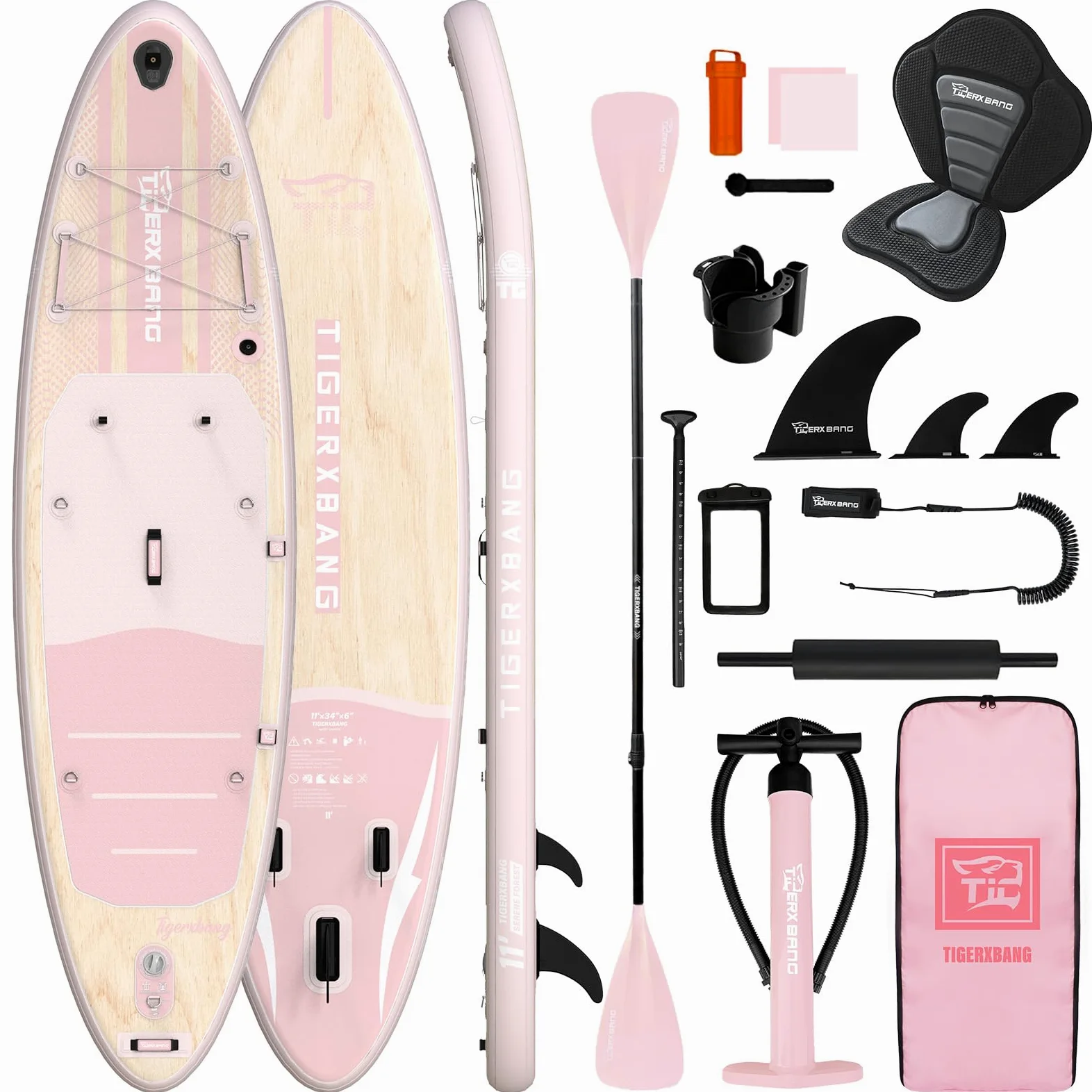 TIGERXBANG Tabla Paddle Surf Hinchable, Stand Up Paddle Board para Adultos/niños, Kit Completo de Surf ISUP, Rosa/Verde