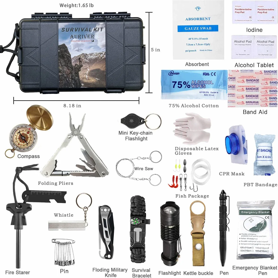Kit de Supervivencia, 63 en 1 Multifuncional Equipo de Botiquín Primeros Auxilios, Regalos Ideales de Navidad y Cumpleaños para Hombres Supervivencia de Emergencia para Viajar Caminar Acampar