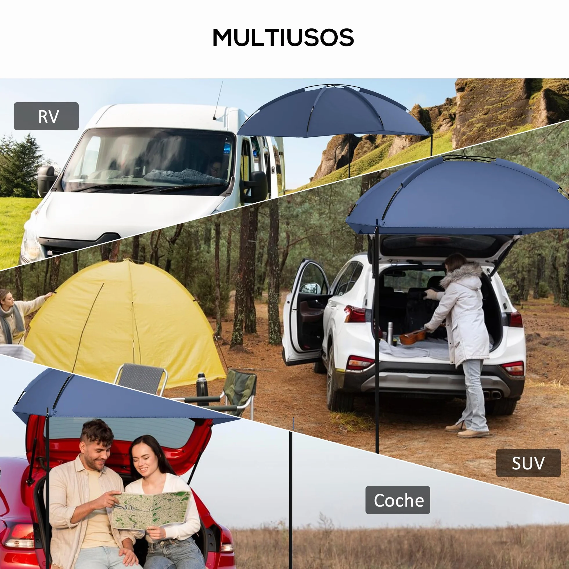 Outsunny Toldo para Coche Toldo para Camping con Altura Ajustable y Bolsa de Transporte Impermeable Anti-UV para Picnic Playa 290x278x230-260 cm Azul Oscuro