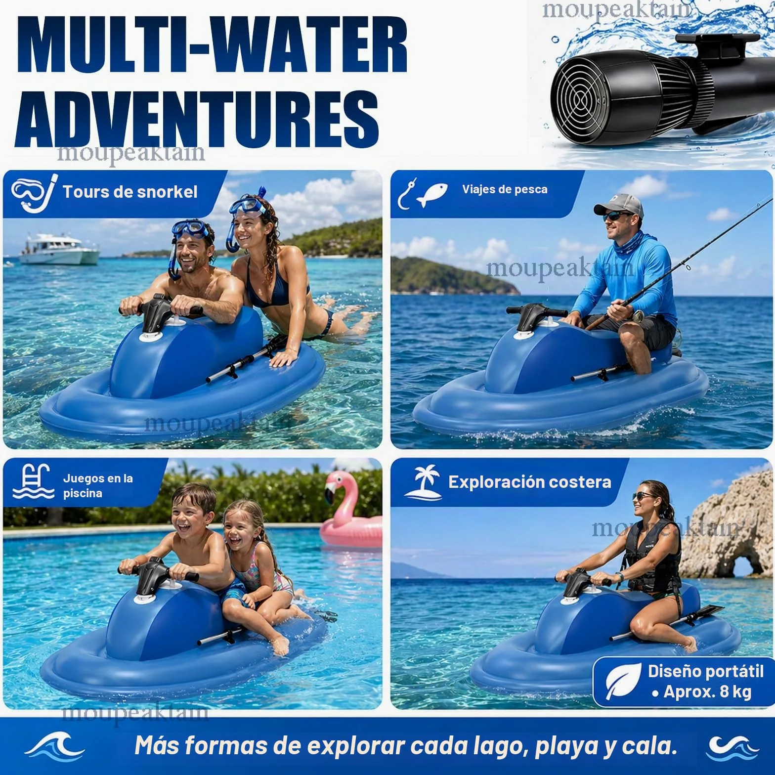 Barca Hinchable 2 Personas con Motor, Jet Ski & Scooter Submarino 500W/700W con Marcha Atrás, Velocidad 3–9 km/h, Motos Electricas Adultos, Ideal para Lago, Mar y Snorkel 16A