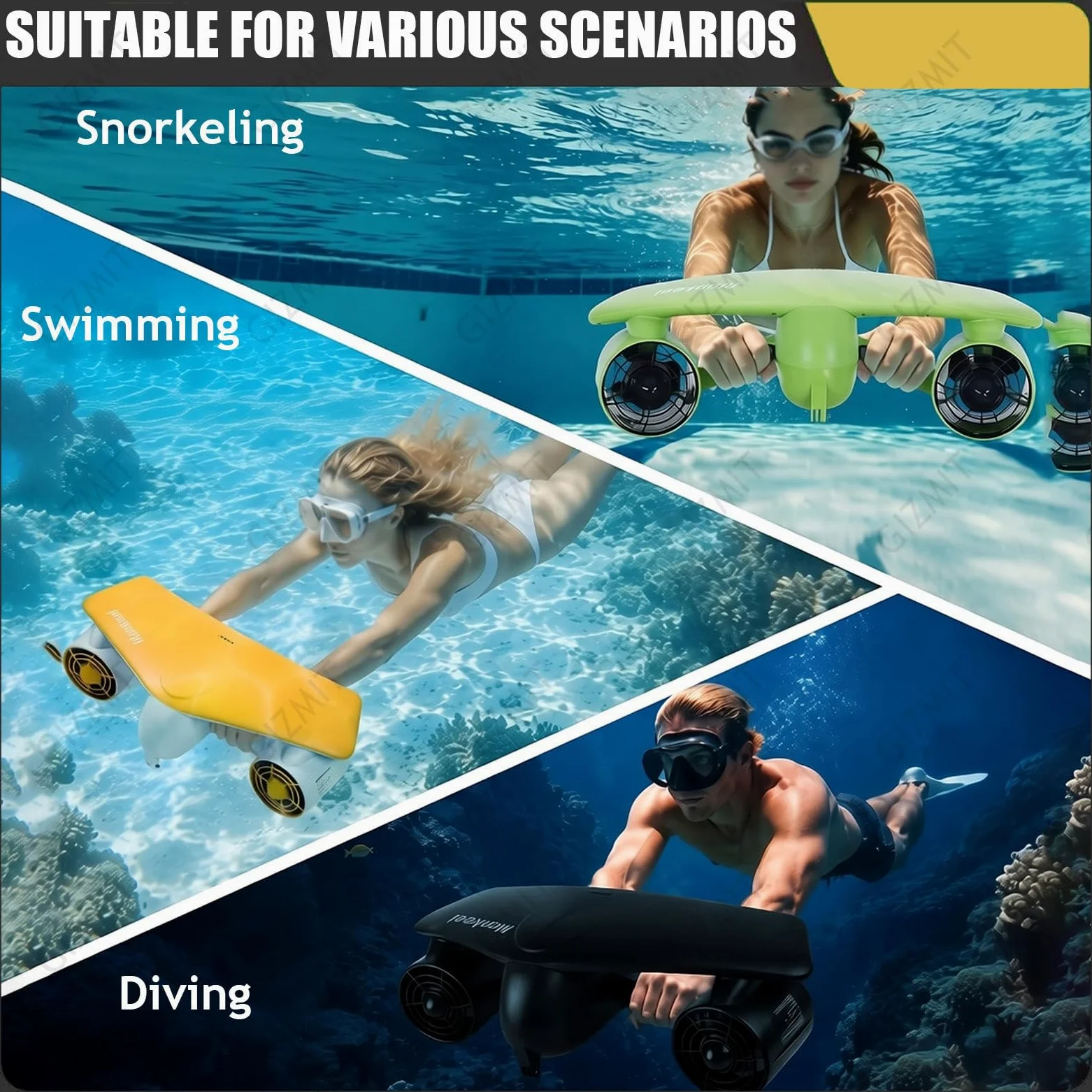 Scooter Submarino, propulsor acuático de Doble Motor con Soporte para cámara de acción, 2 Modos de Velocidad y batería extraíble; Ideal para Buceo y natación en Piscina. Black