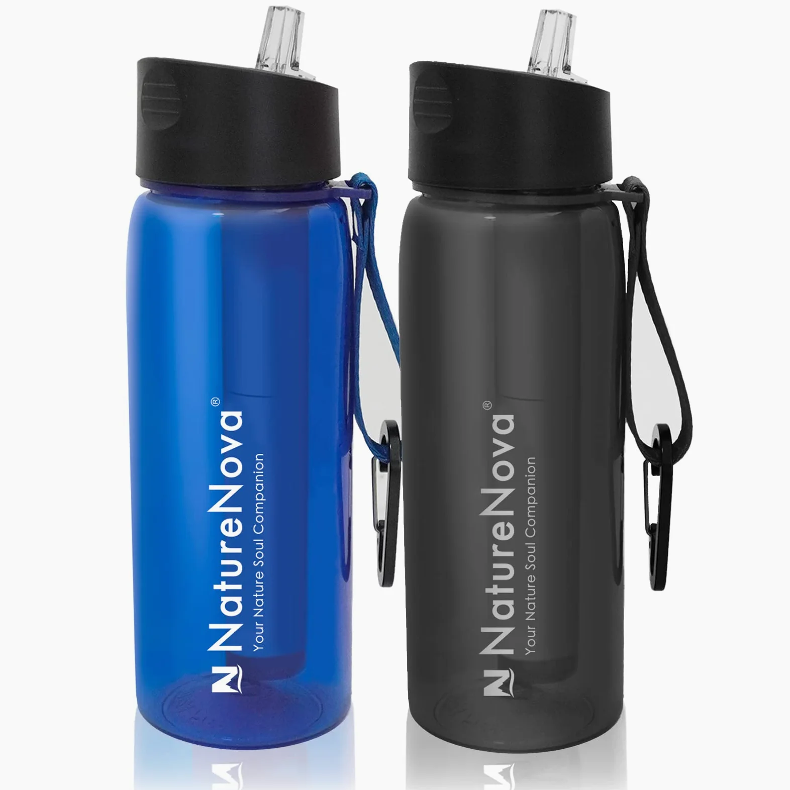 Botella de filtro de agua con filtro integrado de 4 etapas sin BPA para camping, senderismo, mochilero, emergencia y viajes, paquete de 2 unidades, negro/azul, 650 ml