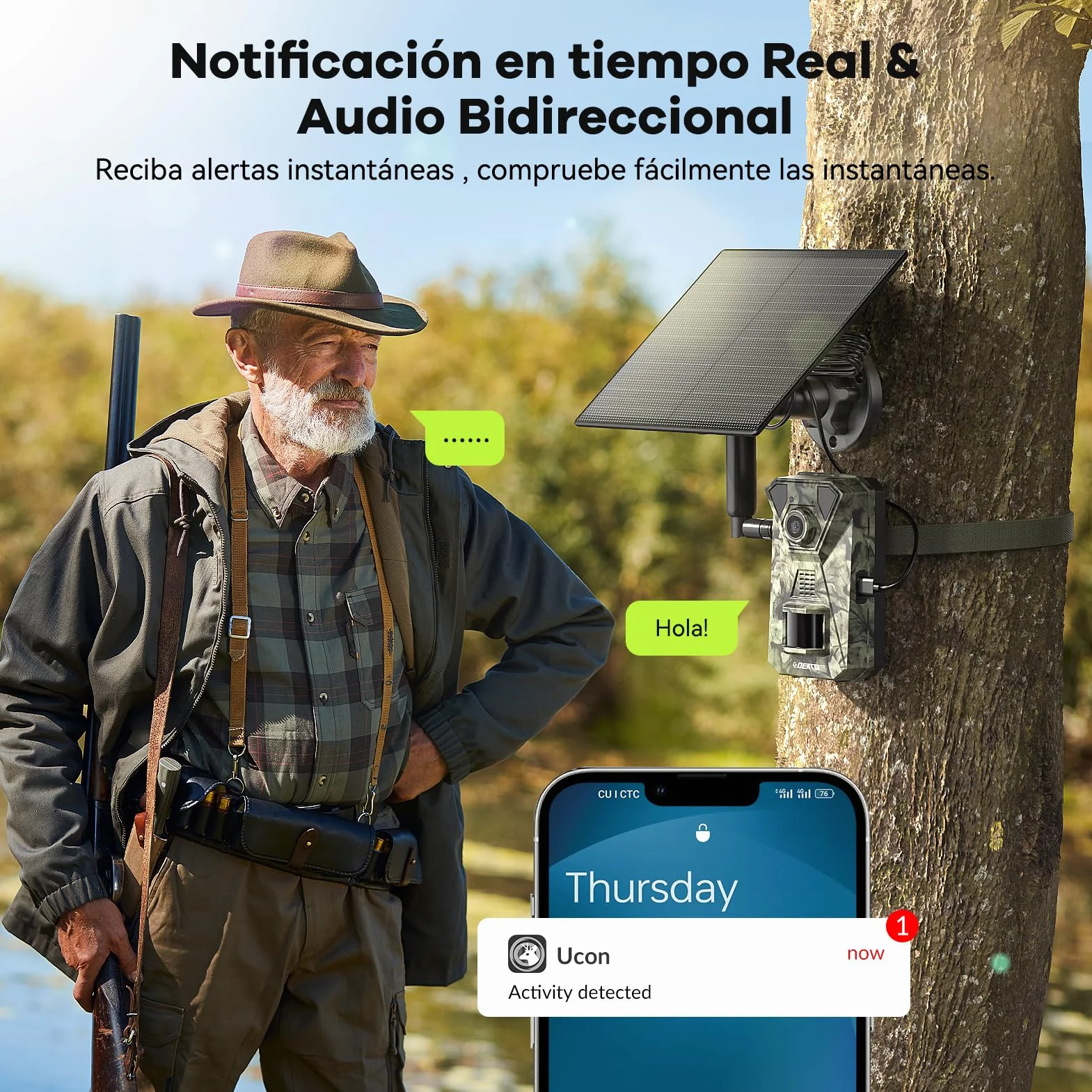 DEATTI Camara Fototrampeo Solar 4G LTE Camara Caza, Tarjeta SIM Camara de Caza Nocturna 940nm Invisibles IR Leds IP66 Impermeable, con Batería Incorporada de 7800mAh（Sin Tarjeta SD）