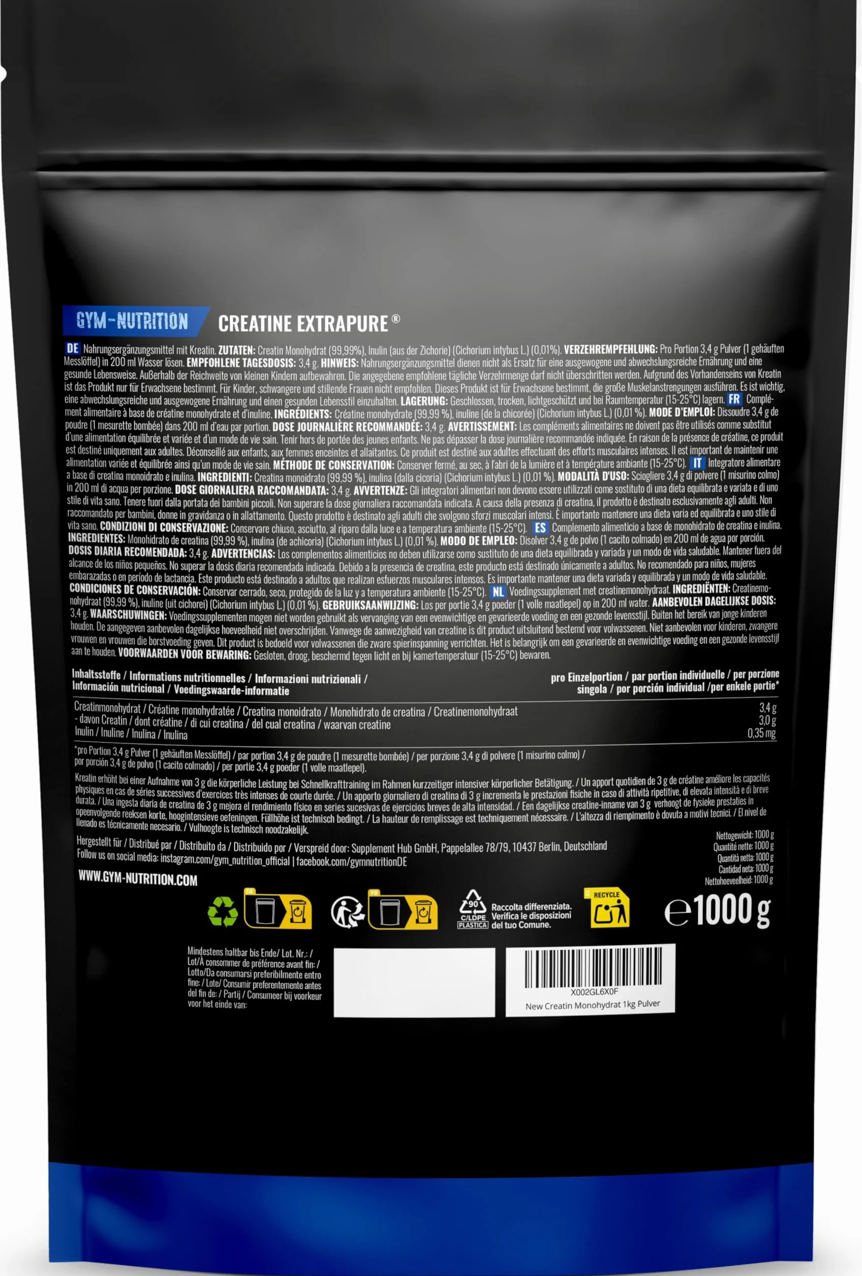 Creatina Monohidratada 1kg Polvo 100% Vegano Sin Sabor con Inulina Alta Pureza