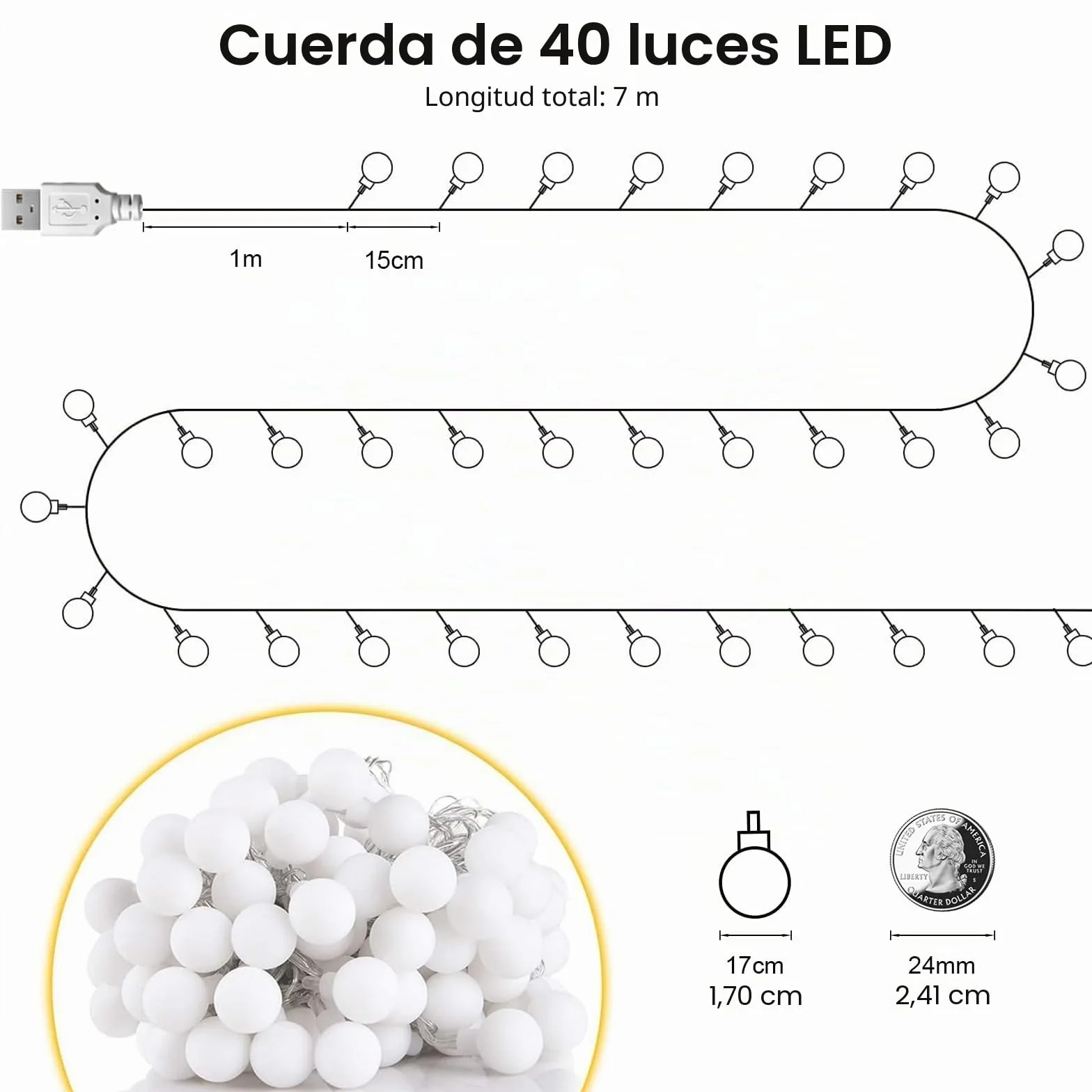 Bigzom USB Bombillas de Hadas Globulares 7M 40LED 5V para Interiores Decoración Navideña