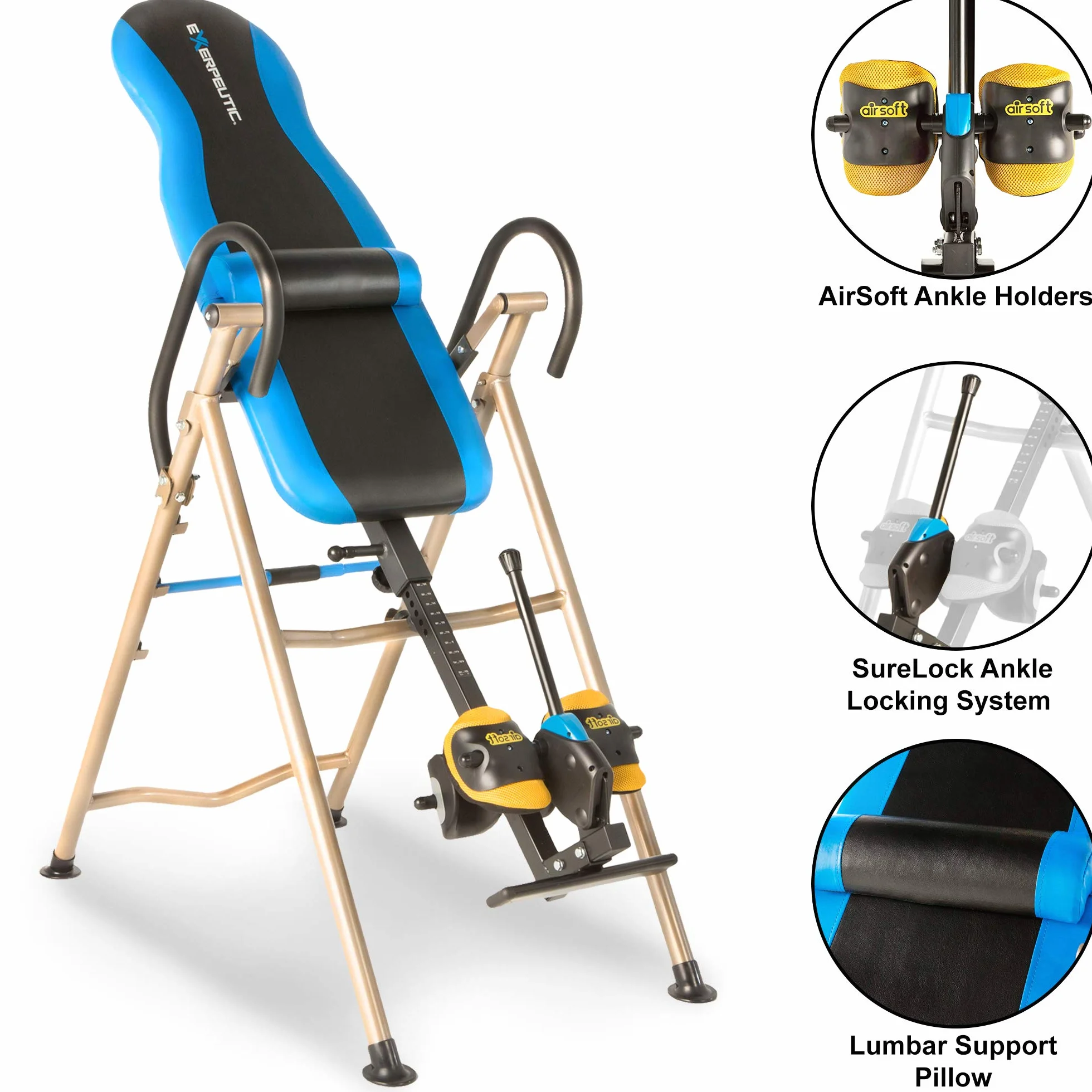 EXERPEUTIC - Mesa de inversión con Soportes de Tobillo Airsoft SIN Pinch, Sistema de trinquete de Seguridad SURELOCK y Soporte Lumbar