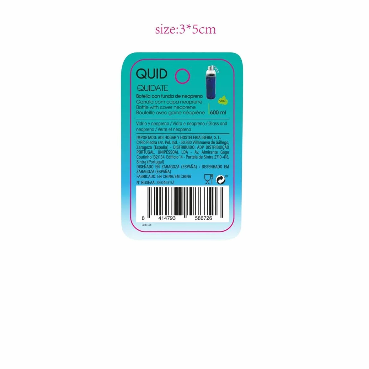 Quid Quidate Botella Transporte Vidrio con Funda Neop 0,60l Sodo No Apto Microondas Reciclable