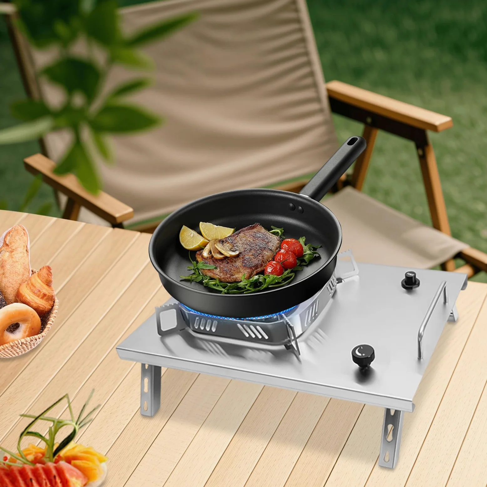 Hornillo de camping de gas plegable de 2600 W, hornillo de gas portátil con encendido piezoeléctrico, resistente al viento, quemador ajustable, incluye bolsa portátil para pícnic al aire libre,