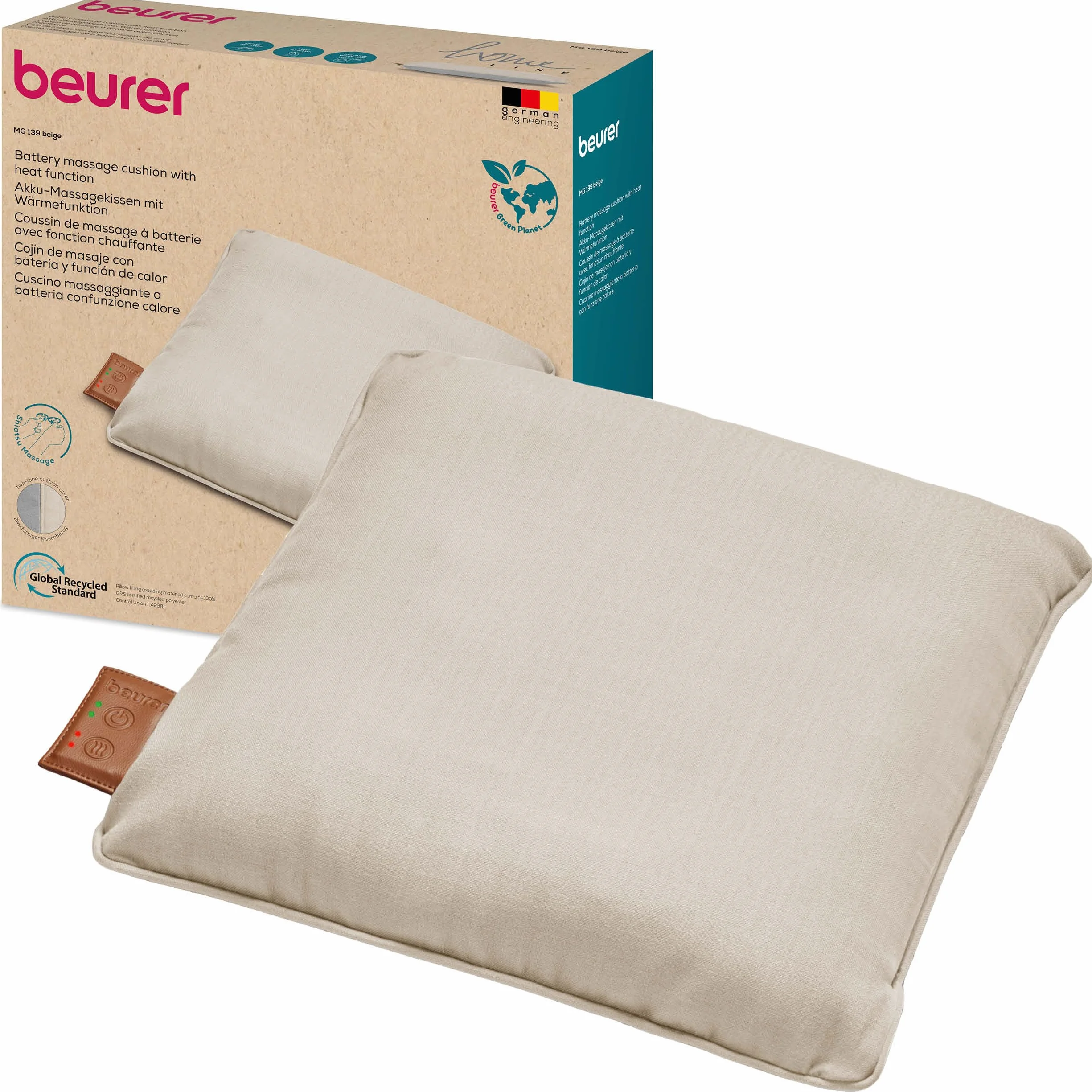 Beurer MG 139 Cojín de masaje Shiatsu inalámbrico con calor, 40 x 40 cm, beige