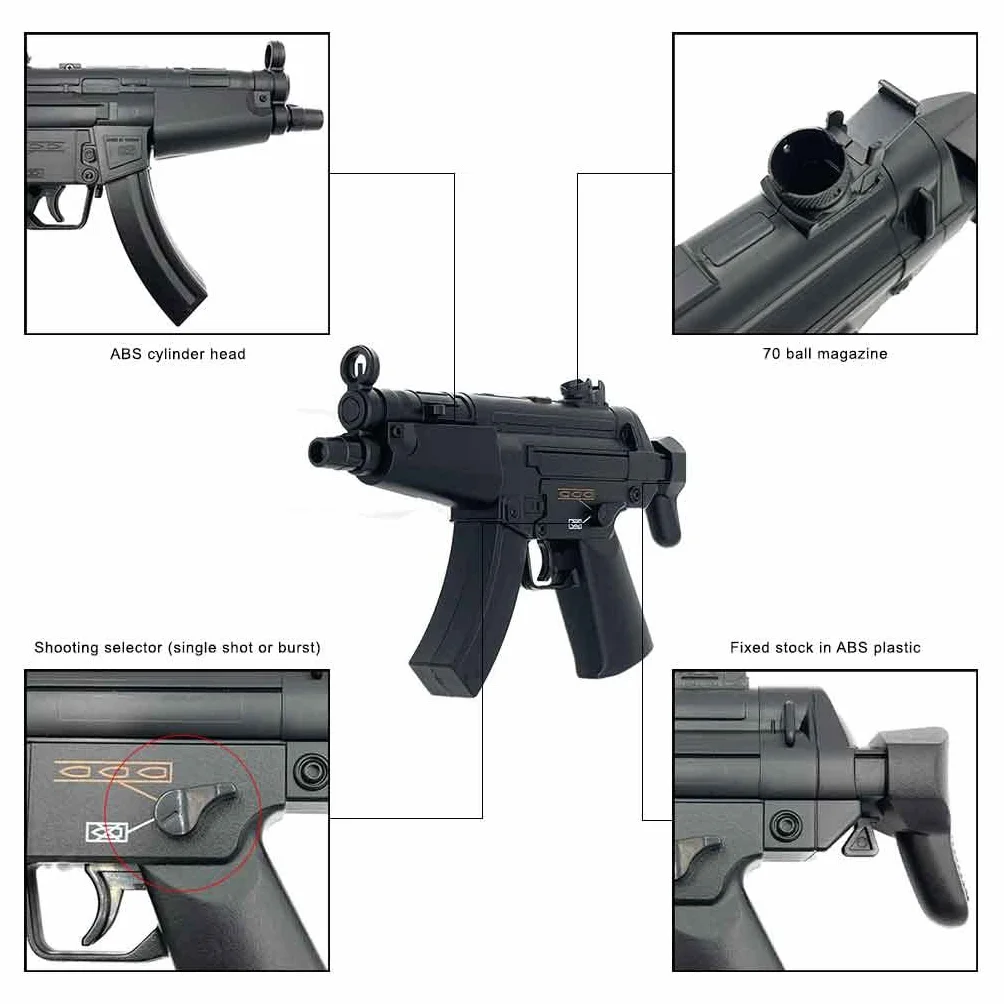 Mini Rifle de Airsoft - MP5 Eléctrico a Batería/Material: Plástico ABS de Alta Resistencia/Potencia: 0,1 Joule/Disparo único o Modo ráfaga