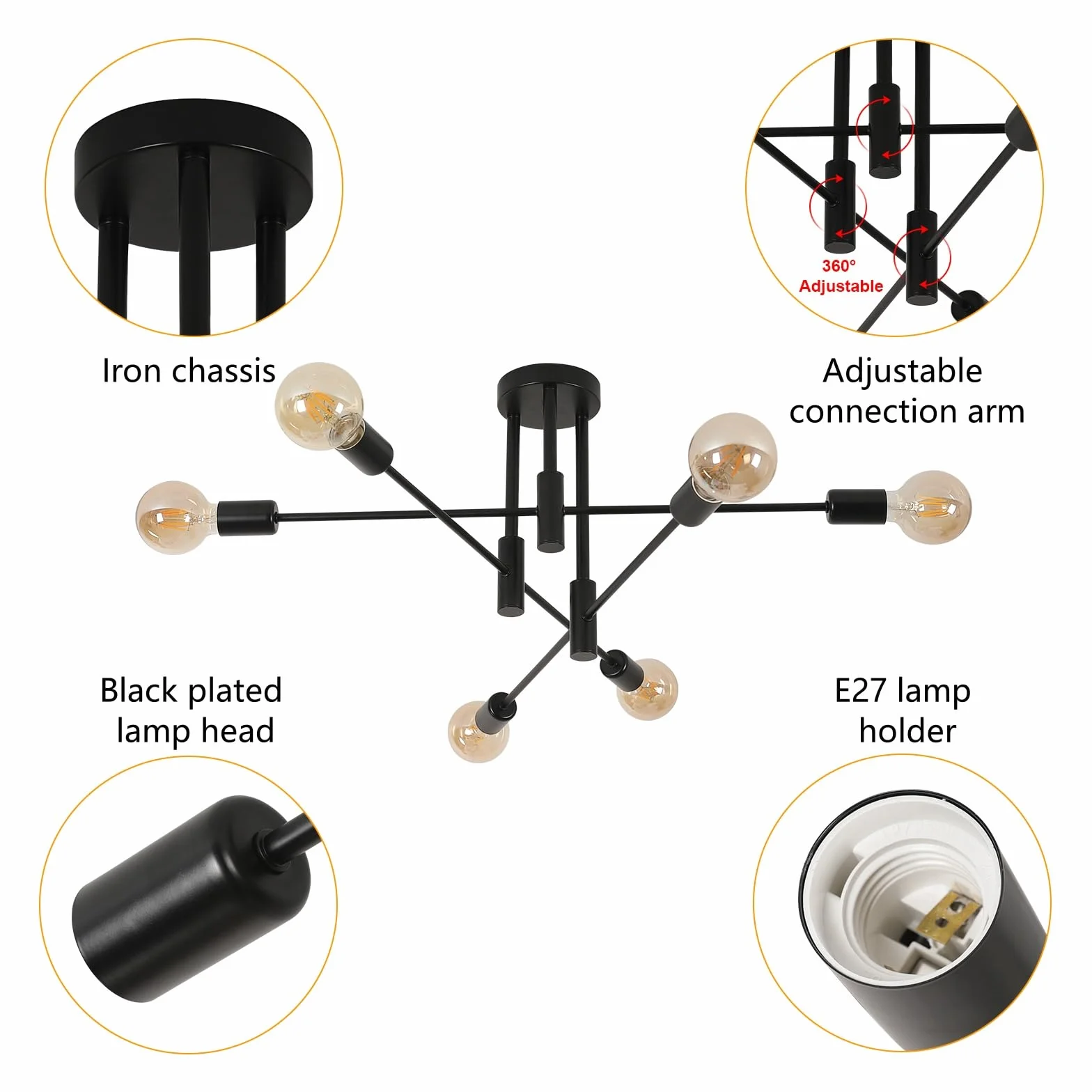Lámpara de Techo Industrial Vintage 6 Luces E27 Ángulo Ajustable 180° Diámetro 72 cm Negro