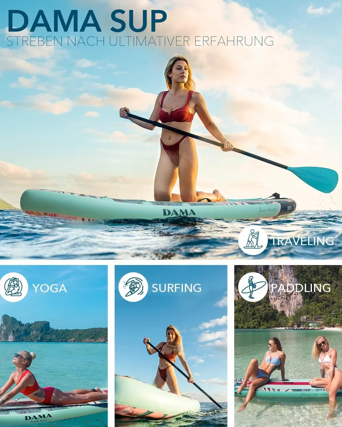 DAMA Light Flower Tabla de Paddle Surf Hinchable, Sup Paddle Board Inflable 320 x 81 x 15 cm, Antideslizante, hasta 145 kg, Remo Doble, Bomba, Mochila, Correa de Seguridad y Bolsa Estanca 5 L