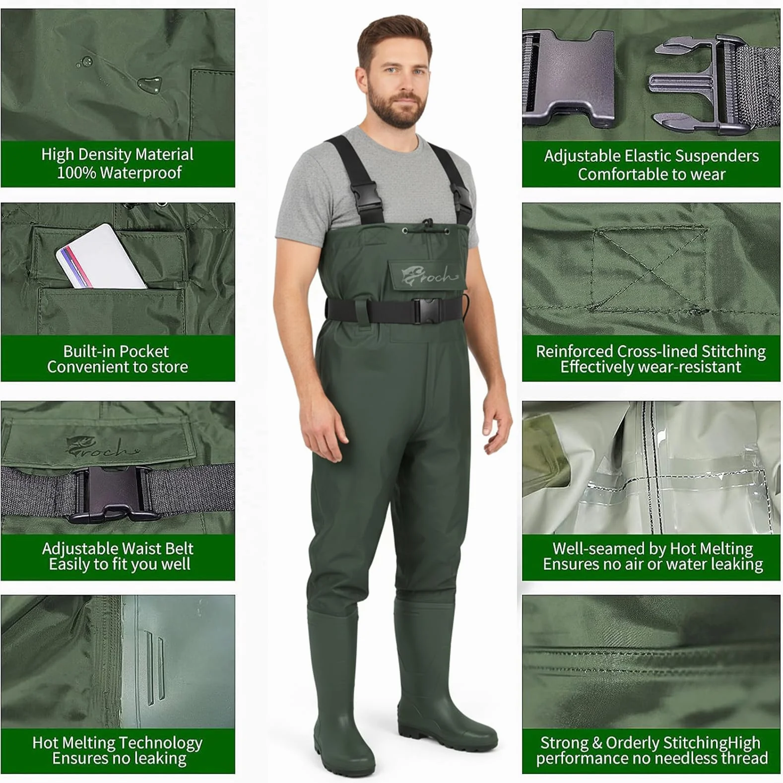 Croch Pantalones de vadeo para hombre y mujer, resistentes al agua, con botas de vadeo de PVC, con botas de goma, talla 38-47, antideslizantes y resistentes, ideales para pesca, caza y exteriores