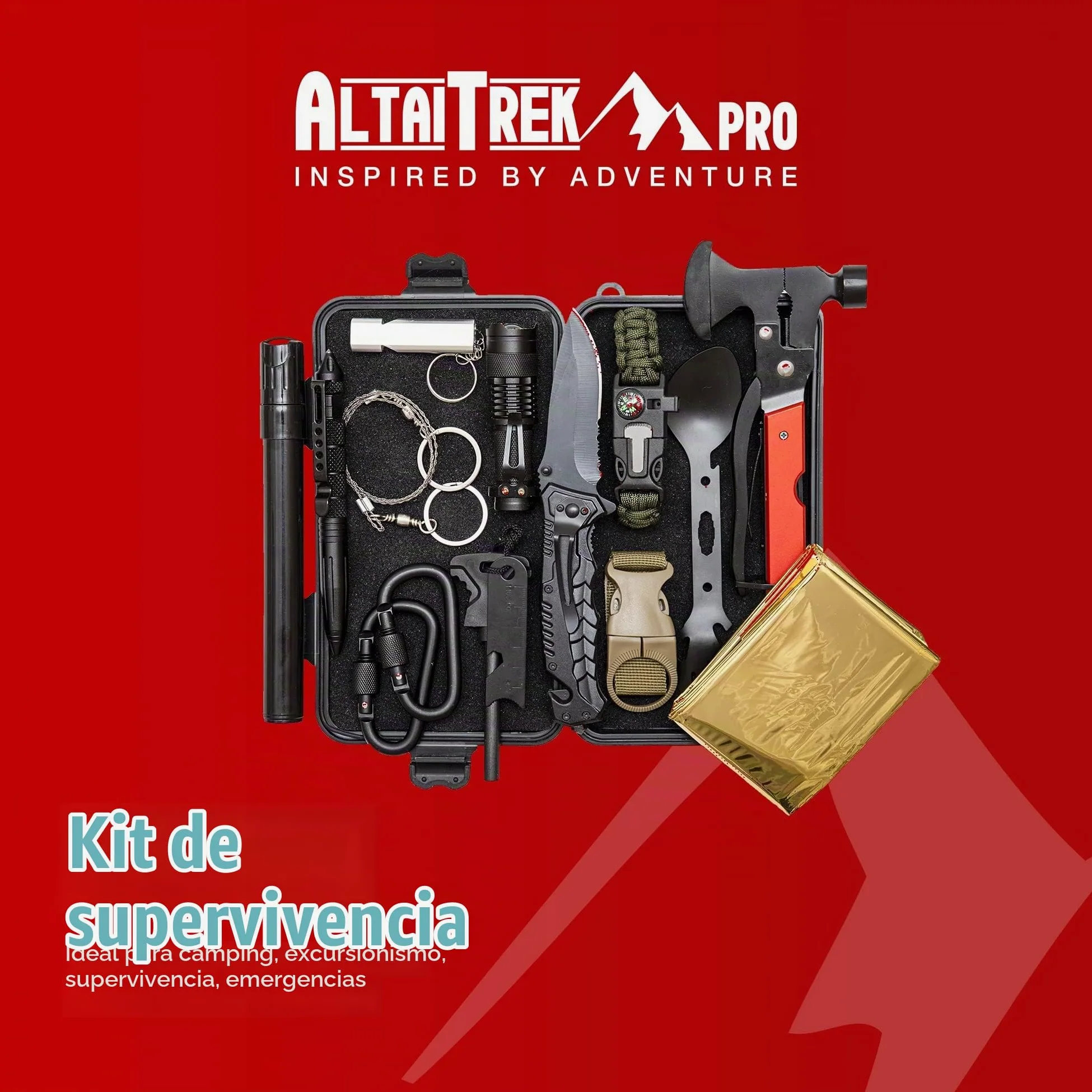 Kit de Supervivencia con Cuchillo, Manta Térmica, Flintlock, Bolígrafo de Defensa Personal, Hacha Multifunción | para Camping, Rescate | El único con Filtro de Agua de Emergencia