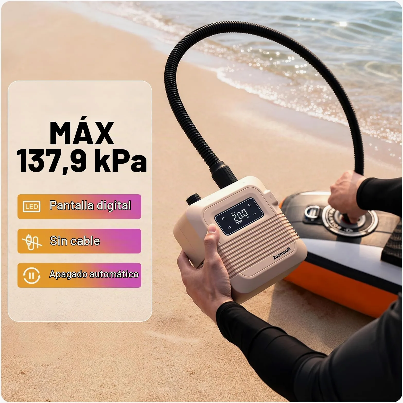 Bomba Sup eléctrica, Sup Recargable 20 PSI, inflado rápido | 5 min hasta 12 PSI, 1,14 kg ligera, Batería 38,48Wh, Inflado/desinflado doble etapa, 7 boquillas, SUP, barcos, kayaks
