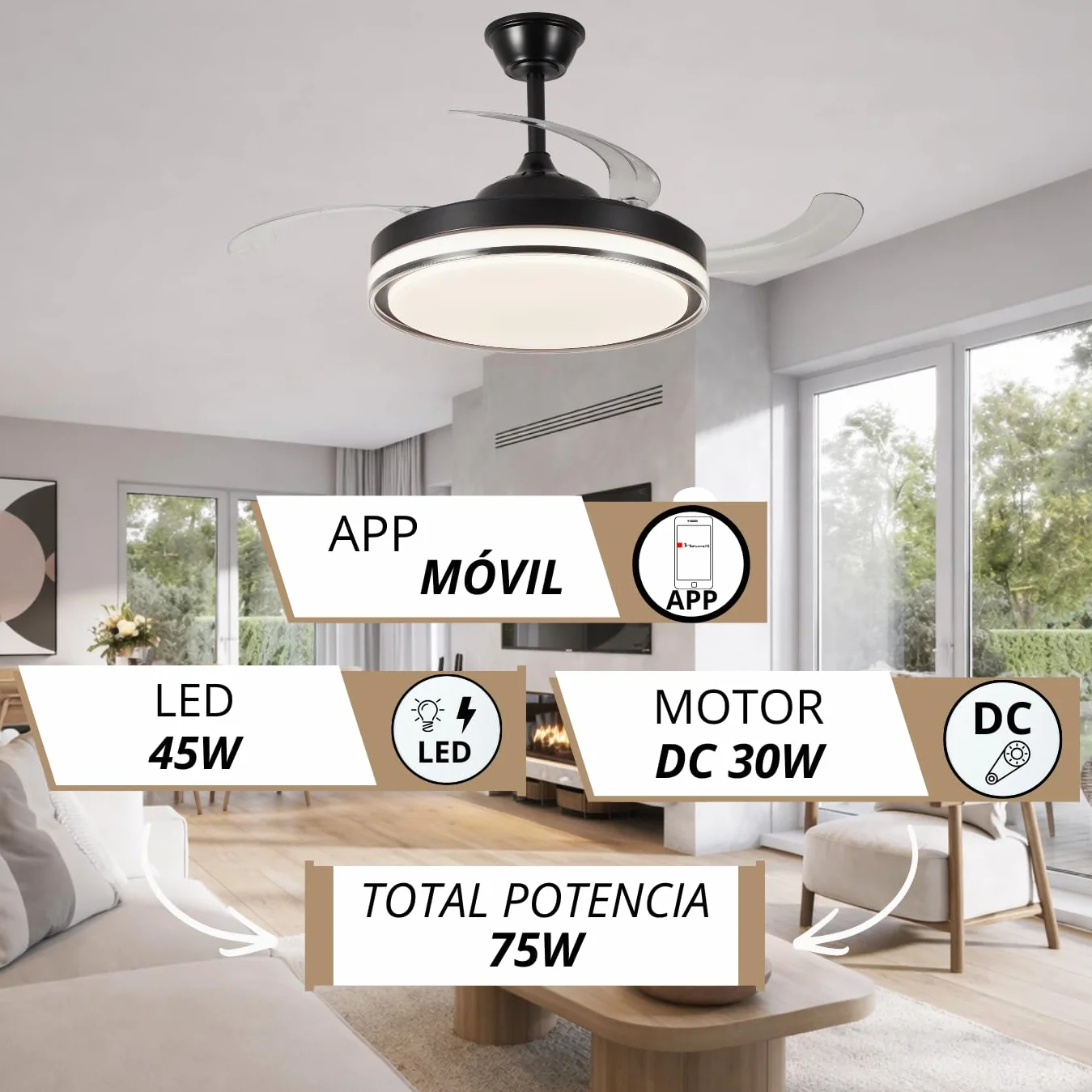 NARVI Ventilador de Techo Negro con Luz LED Regulable, Motor DC 30W Silencioso, 3 Aspas Retráctiles, Función Invierno Verano