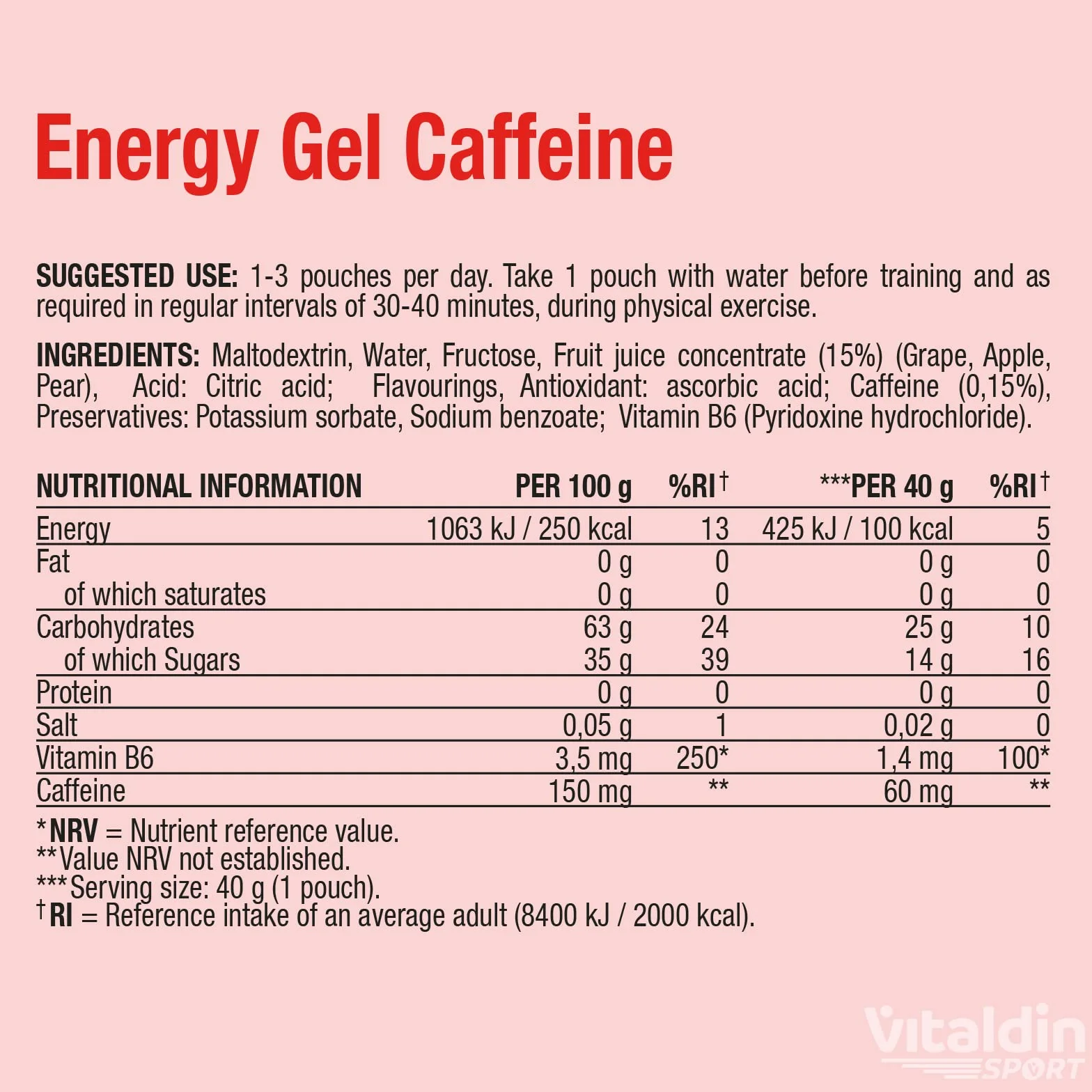 VITALDIN SPORT Energy Gel Caffeine 24 x 40 g Gel Energético Frutos Rojos 60 mg Cafeína Vitamina B6