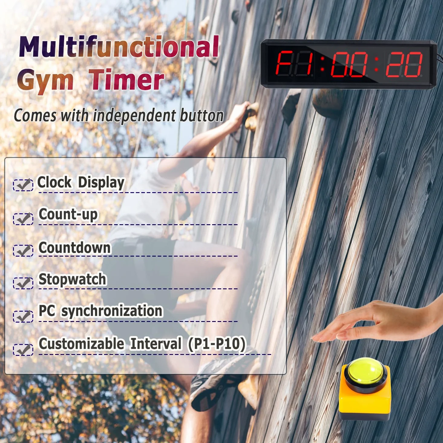 Temporizador de fitness, adecuado para ejercicio de gimnasio, escuela, ejercicio en casa, sala de levantamiento de pesas, gimnasio de boxeo, escalada en roca interior (modo de transmisión
