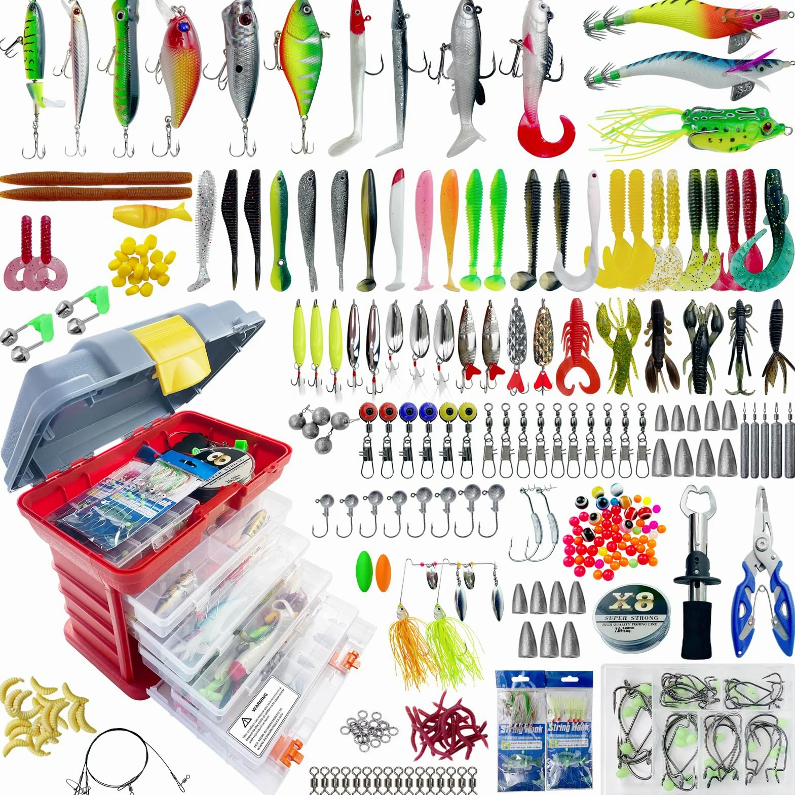 Kit Pesca con Caja de Pesca Accesorios Aparejos de Pesca Mar Señuelos Anzuelos Cebos Artificiales Plomos