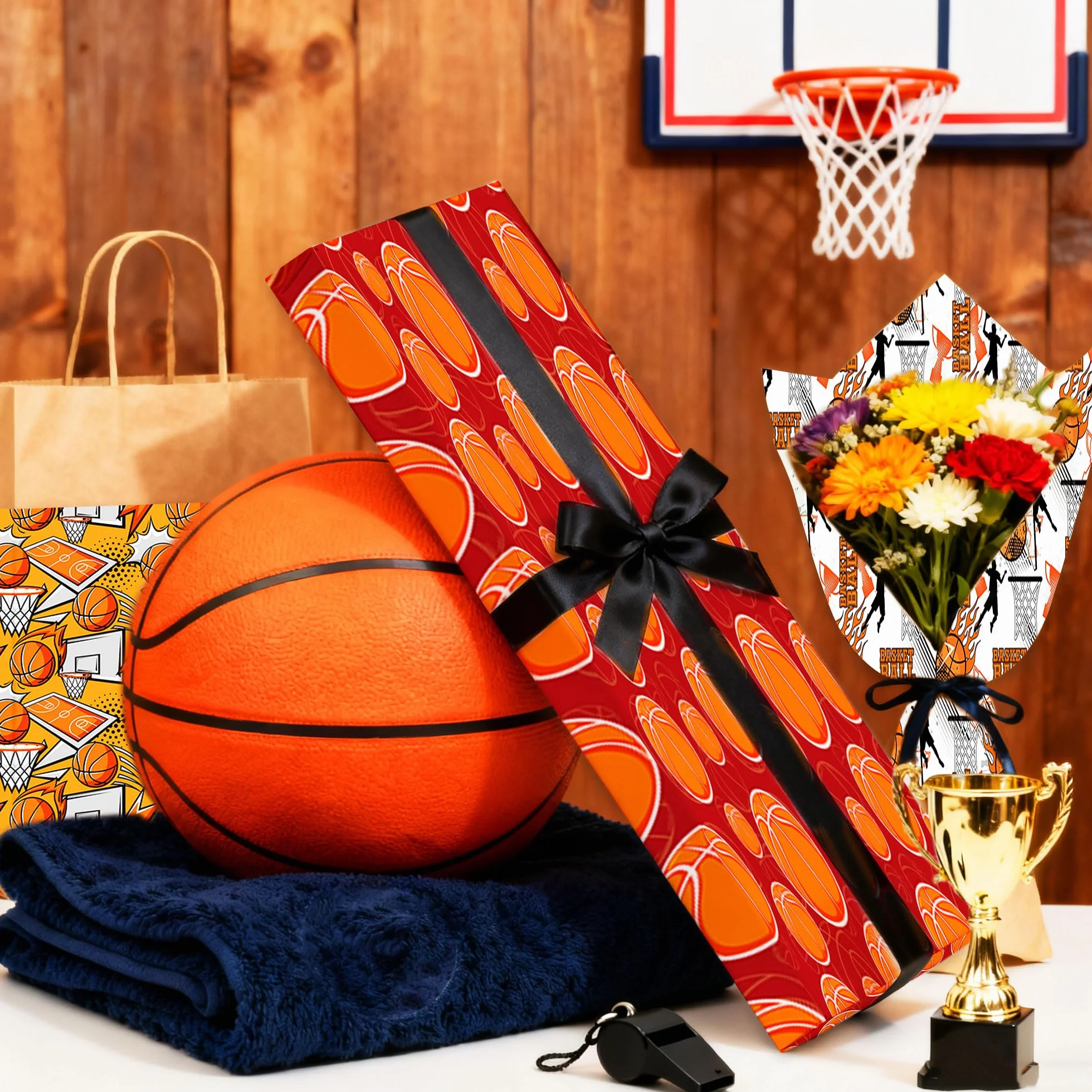 Roaring Good Time papel de regalo estampado baloncesto papel artesanal deportivo para cumpleaños y fiestas deportivas envoltura personalizada balones