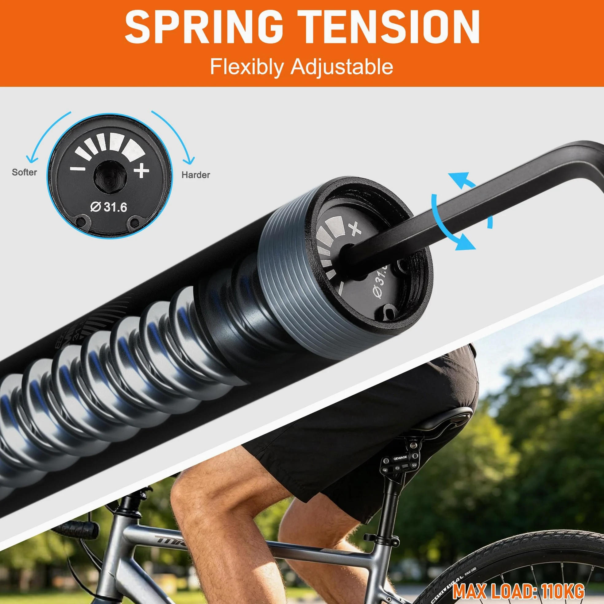 GEWAGE Tija de Sillín con Suspensión 350 mm, Paralelogramo, 40 mm (⌀31.6mm) | Suspensión de paralelogramo, aluminio 6061-T6, 40 mm, para 50–150 kg; e-bike, trekking, MTB y bicicleta urbana.