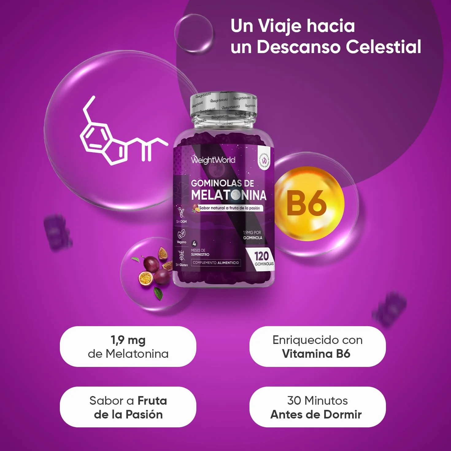 Melatonina Gominolas 120 Unidades con Vitamina B6 y Sabor Natural a Fruta de la Pasión - Gummies Veganas Sin Gluten