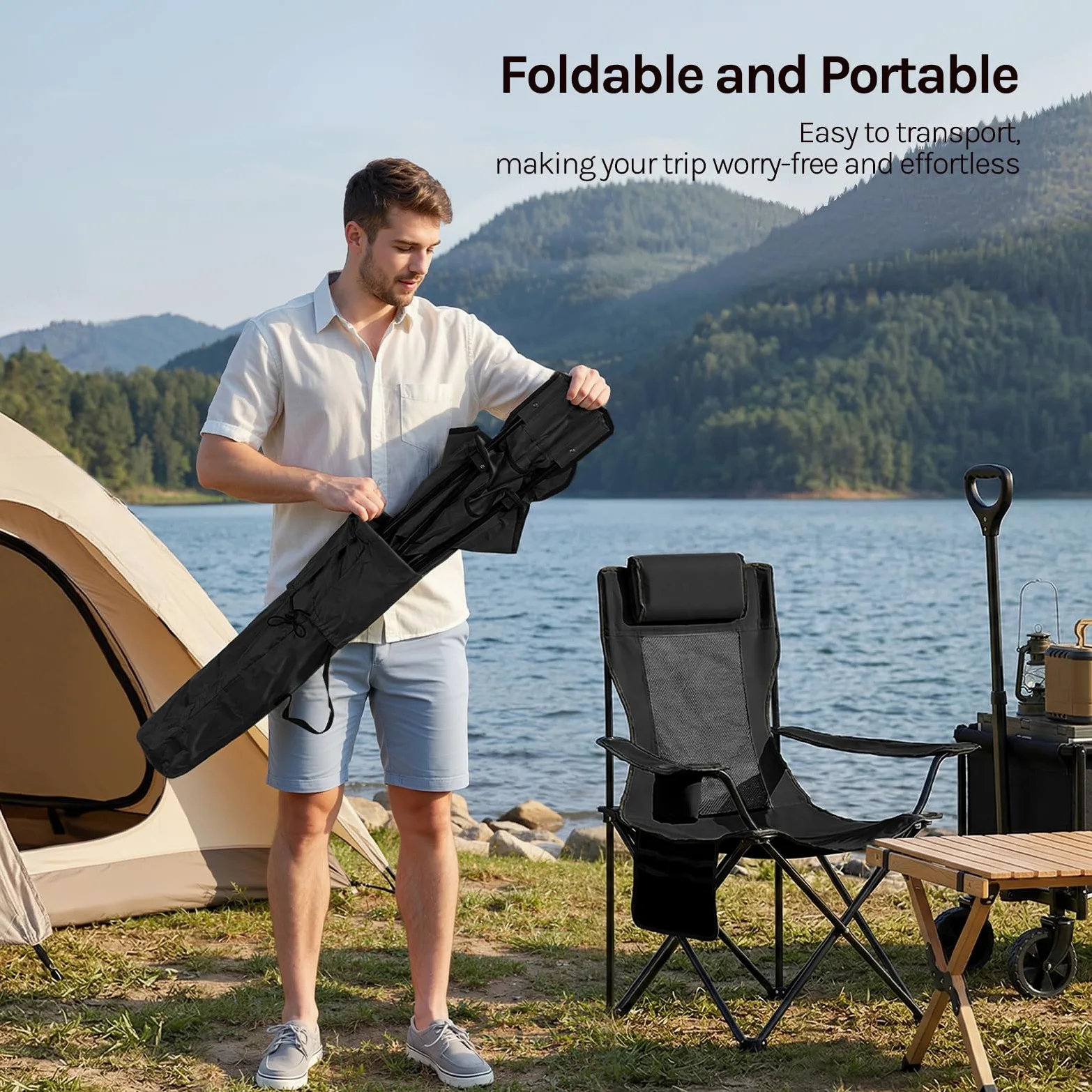 WOLTU 2X Sillas Camping Plegables con Respaldo Ajustable, Sillas Playa con Bolsillo Lateral y Portavasos, Tela de Malla y Tela Oxford, para Pesca, Picnic y Terraza, Capacidad de Carga 150 kg, Negro