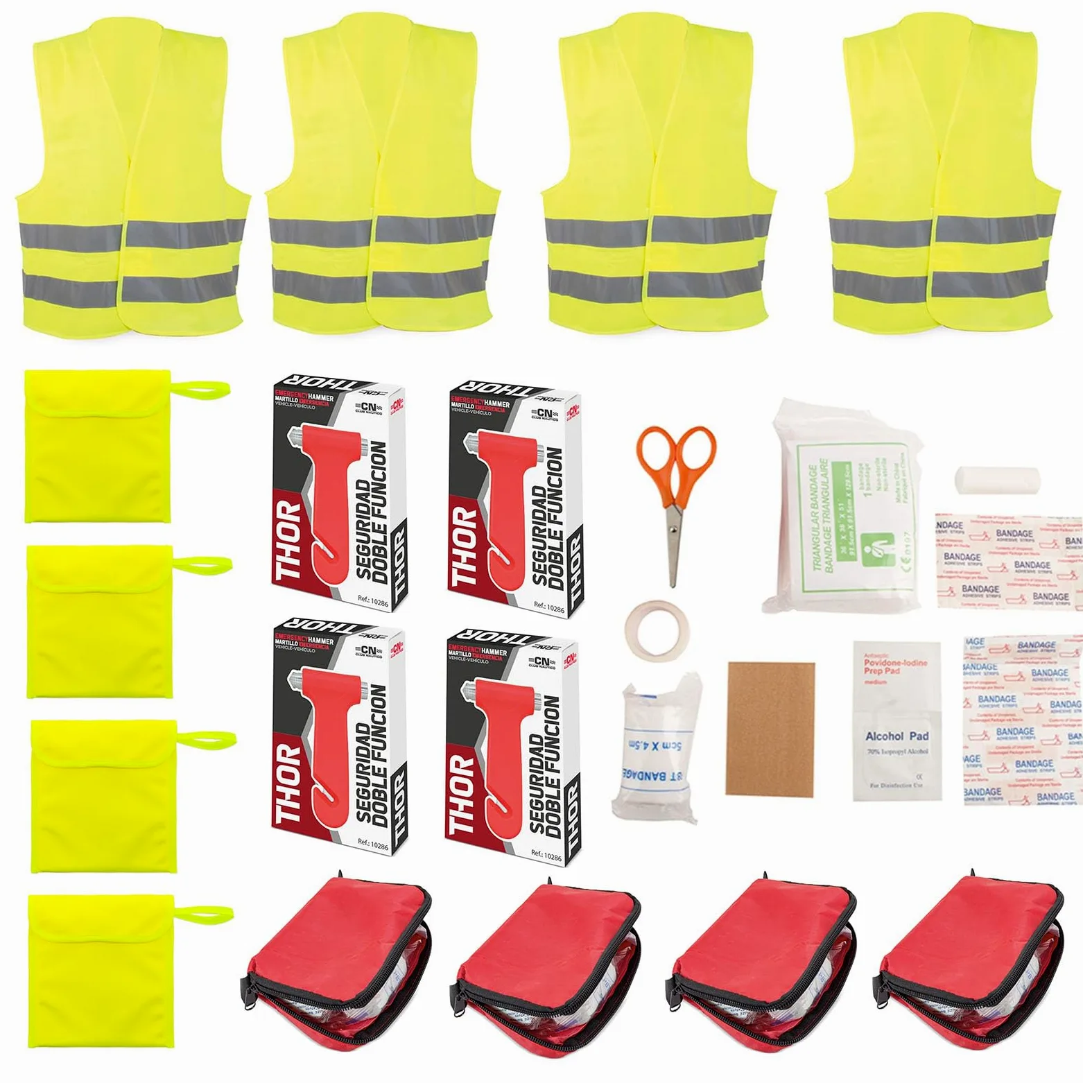 Adri - Kit de Emergencias + Primeros Auxilios - Chaleco Reflectante de Seguridad + Bolsa de almacenamiento + Martillo de emergencias + Botiquín (4)