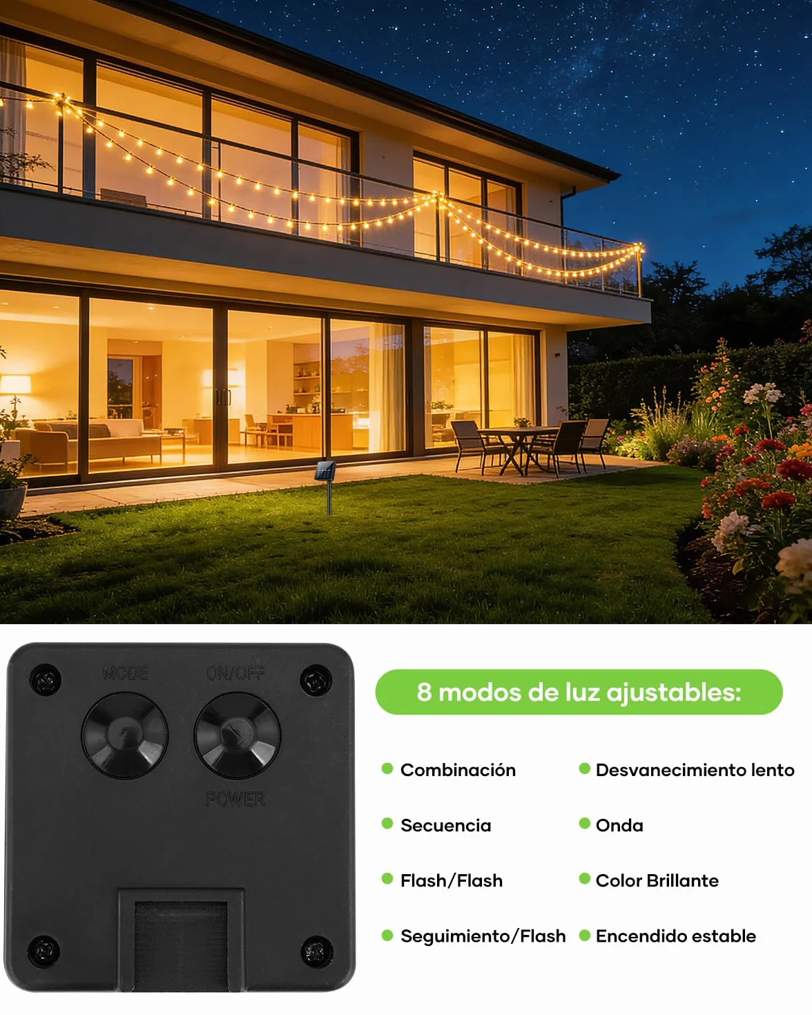 Suright Guirnaldas Luces Exterior Solar, 13M 60 LEDs, IP65 Impermeable, Cálido Blanco